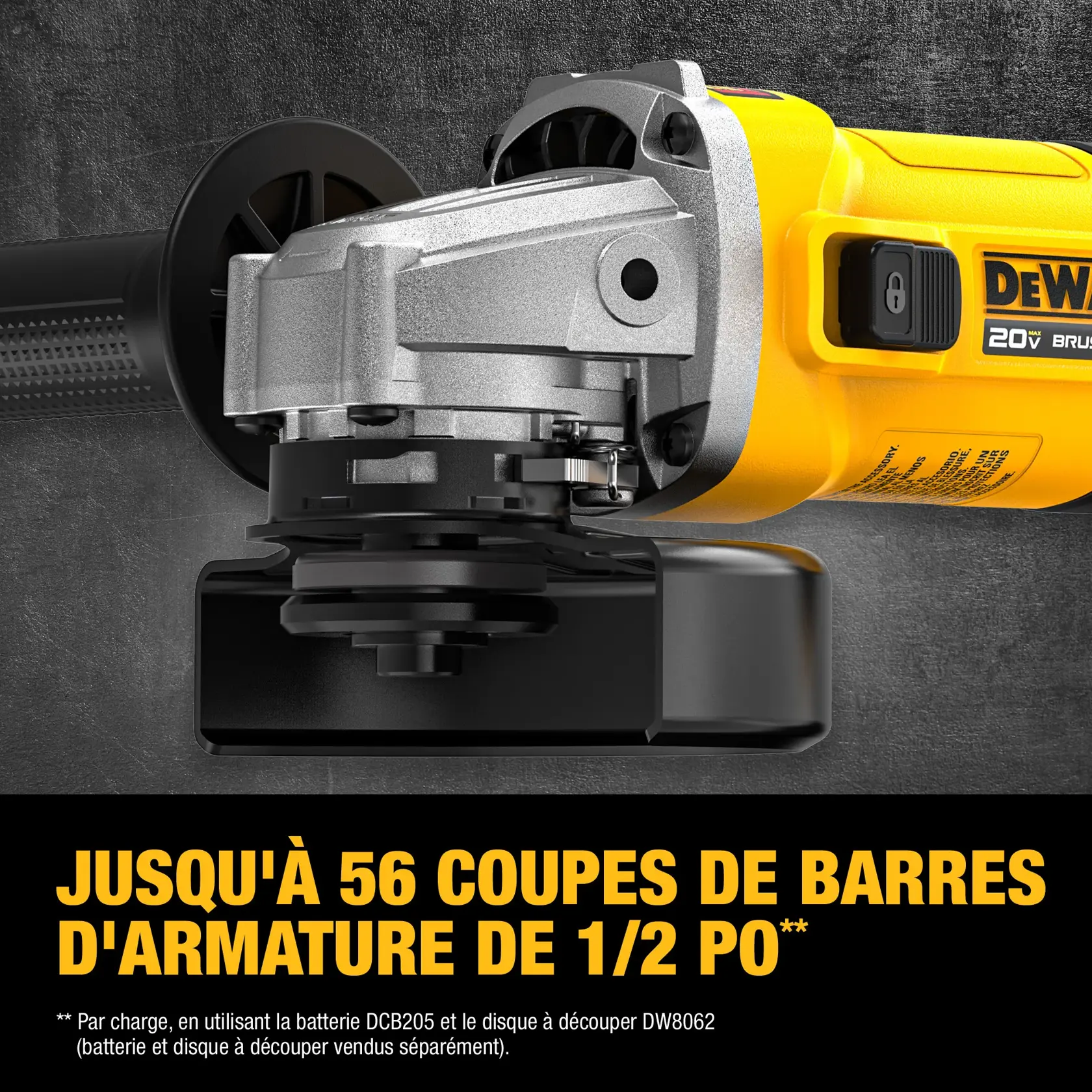 Close-up image of a DEWALT 20V brushless angle grinder with text overlay stating 'Up to 56 cuts of 1/2 in. rebar'. Additional note mentions performance is per charge using DCB205 battery and DW8062 cutting wheel, with battery and cutting wheel sold separately.