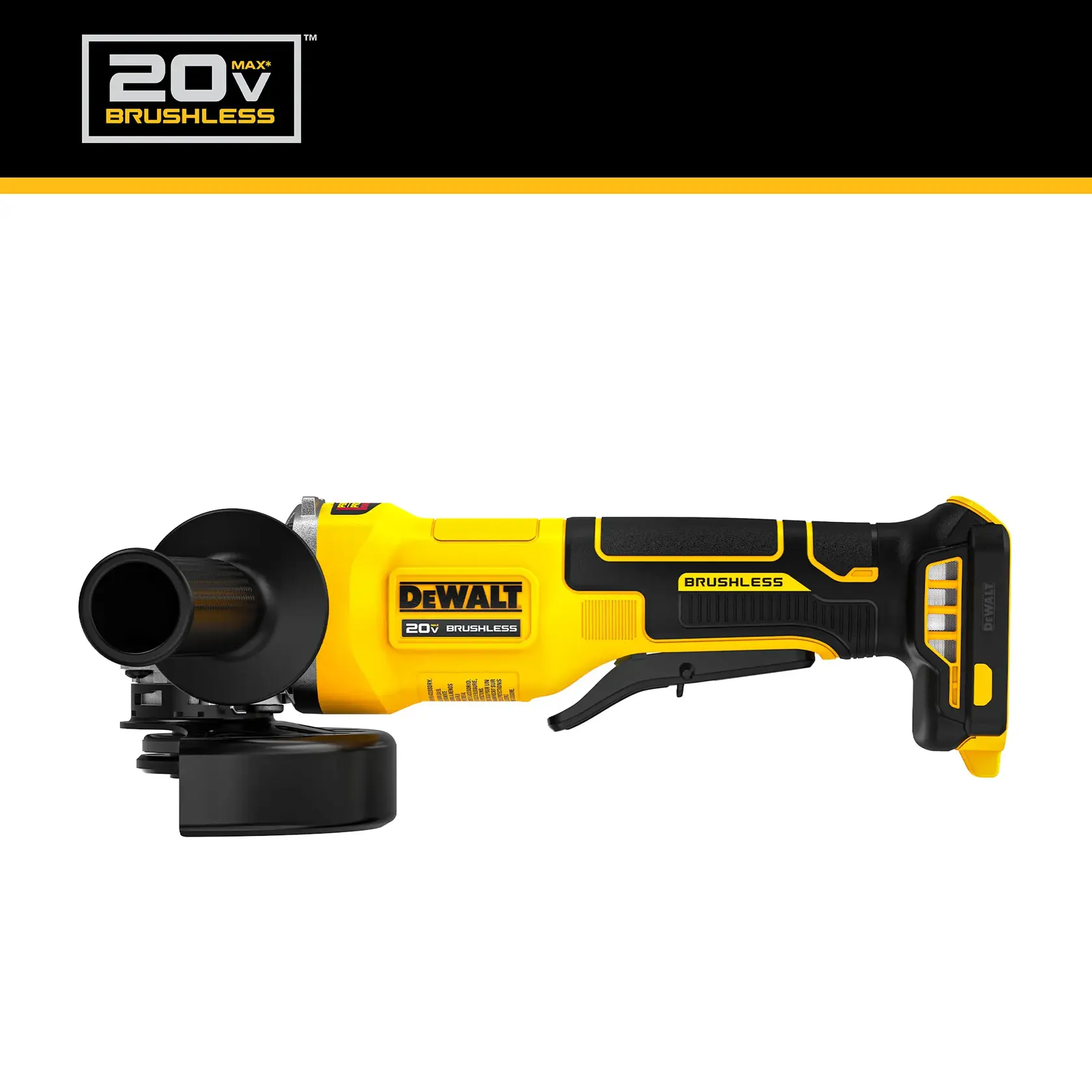 A DEWALT 20V MAX brushless cordless angle grinder with a yellow and black design, shown in a side view. Brand logo and brushless motor labels are visible on the tool.