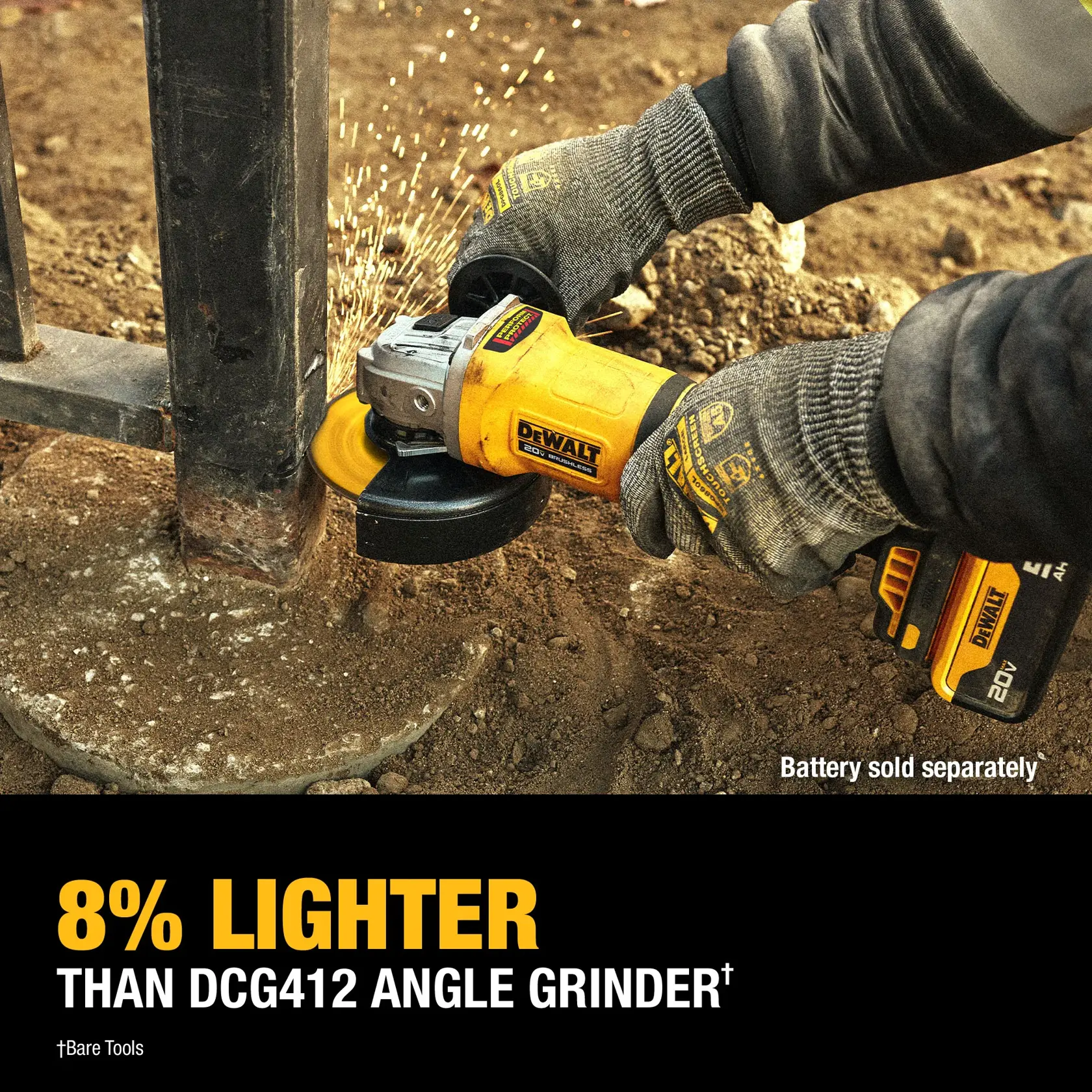 A person using a DEWALT cordless angle grinder (model DCG408B) to grind a metal post outdoors, with sparks flying. The tool is shown in use with gloved hands and dirt ground. Text on the image highlights that the grinder is 8% lighter than the DCG412 angle grinder and that the battery is sold separately.