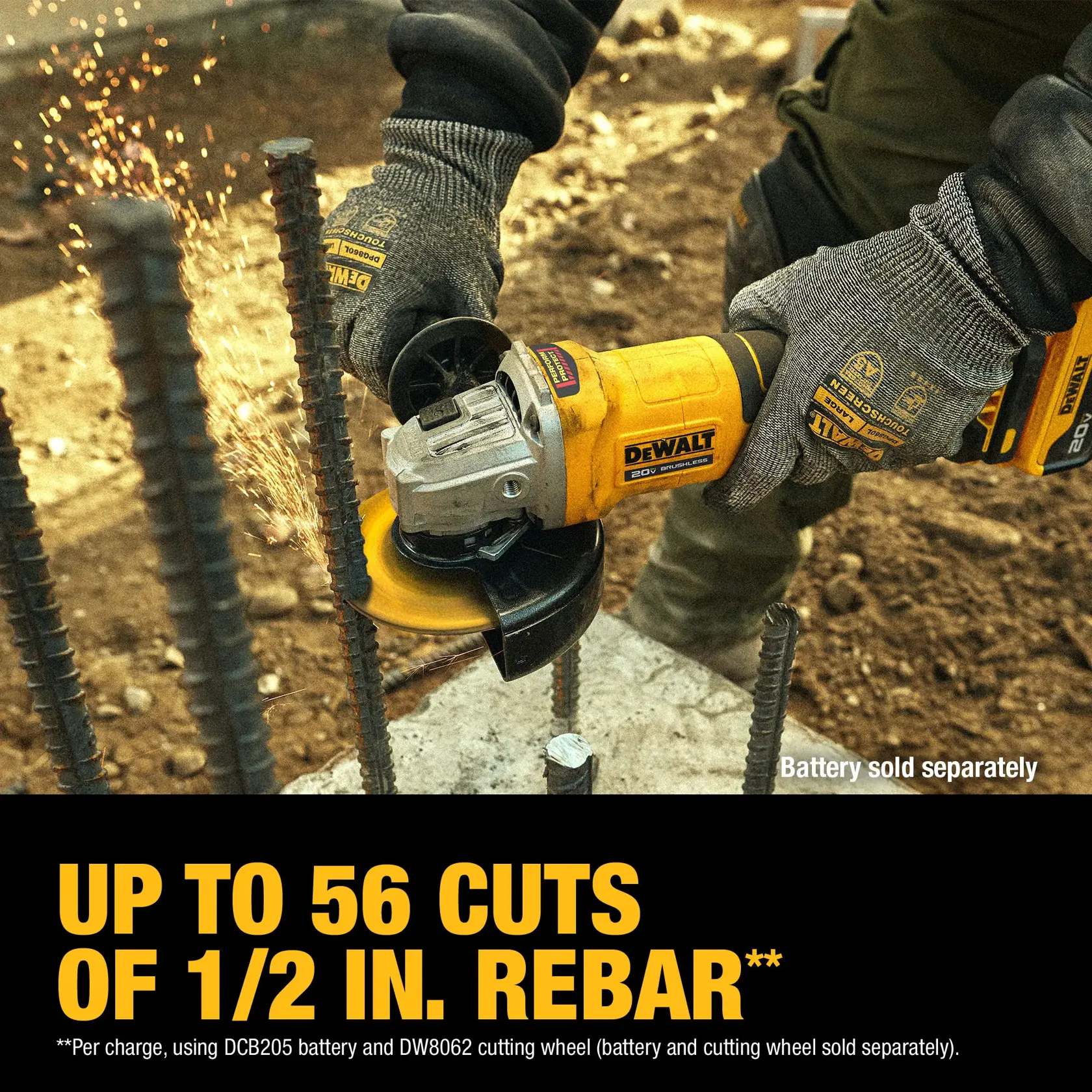 A person wearing gloves uses a DEWALT 20V cordless angle grinder to cut through rebar, producing sparks. The text highlights that the tool can make up to 56 cuts of 1/2 inch rebar per charge, using a DCB205 battery and DW8062 cutting wheel, which are sold separately.