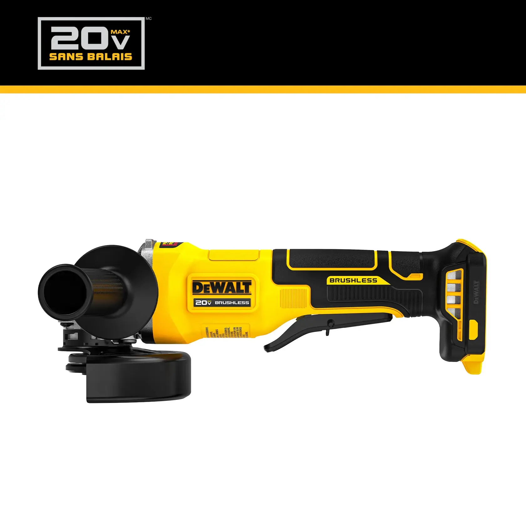 A DEWALT 20V MAX brushless cordless angle grinder with a yellow and black design, shown in a side view. Brand logo and brushless motor labels are visible on the tool.