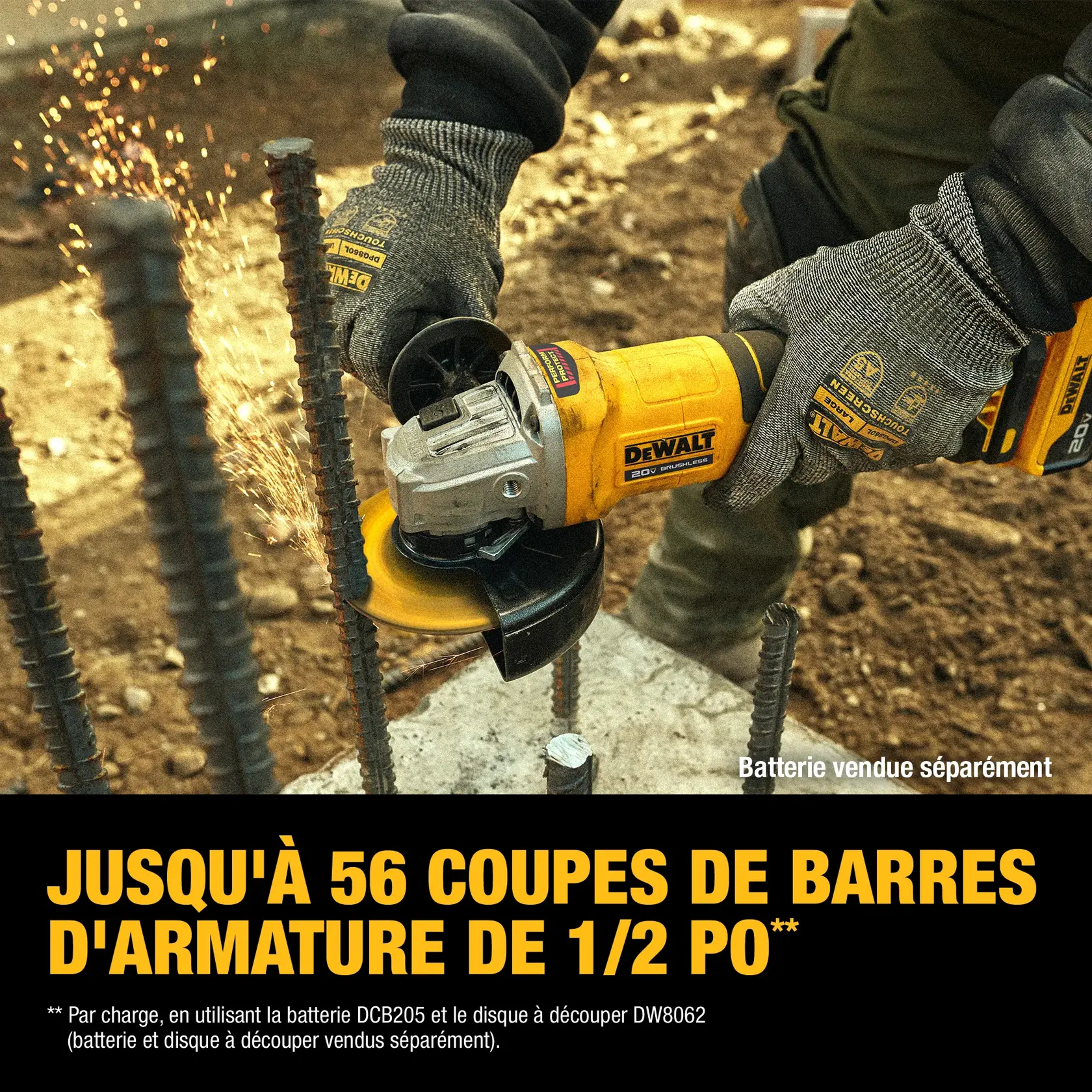 A person wearing gloves uses a DEWALT 20V cordless angle grinder to cut through rebar, producing sparks. The text highlights that the tool can make up to 56 cuts of 1/2 inch rebar per charge, using a DCB205 battery and DW8062 cutting wheel, which are sold separately.