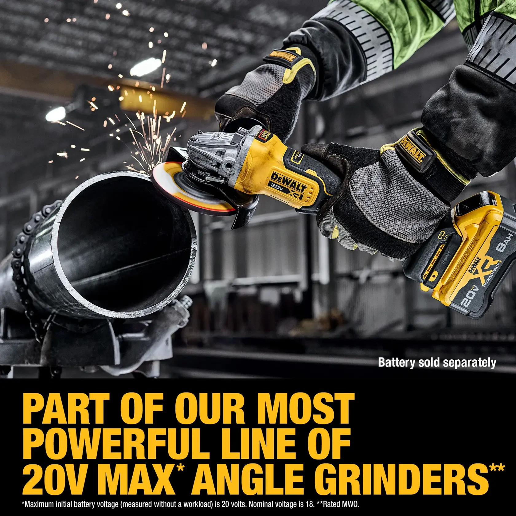A DEWALT 20V MAX cordless angle grinder is being used by a person wearing protective gloves and jacket to grind a metal pipe, producing sparks. There is prominent yellow text in the foreground stating, 'Part of our most powerful line of 20V MAX* angle grinders,' and a note that the battery is sold separately.
