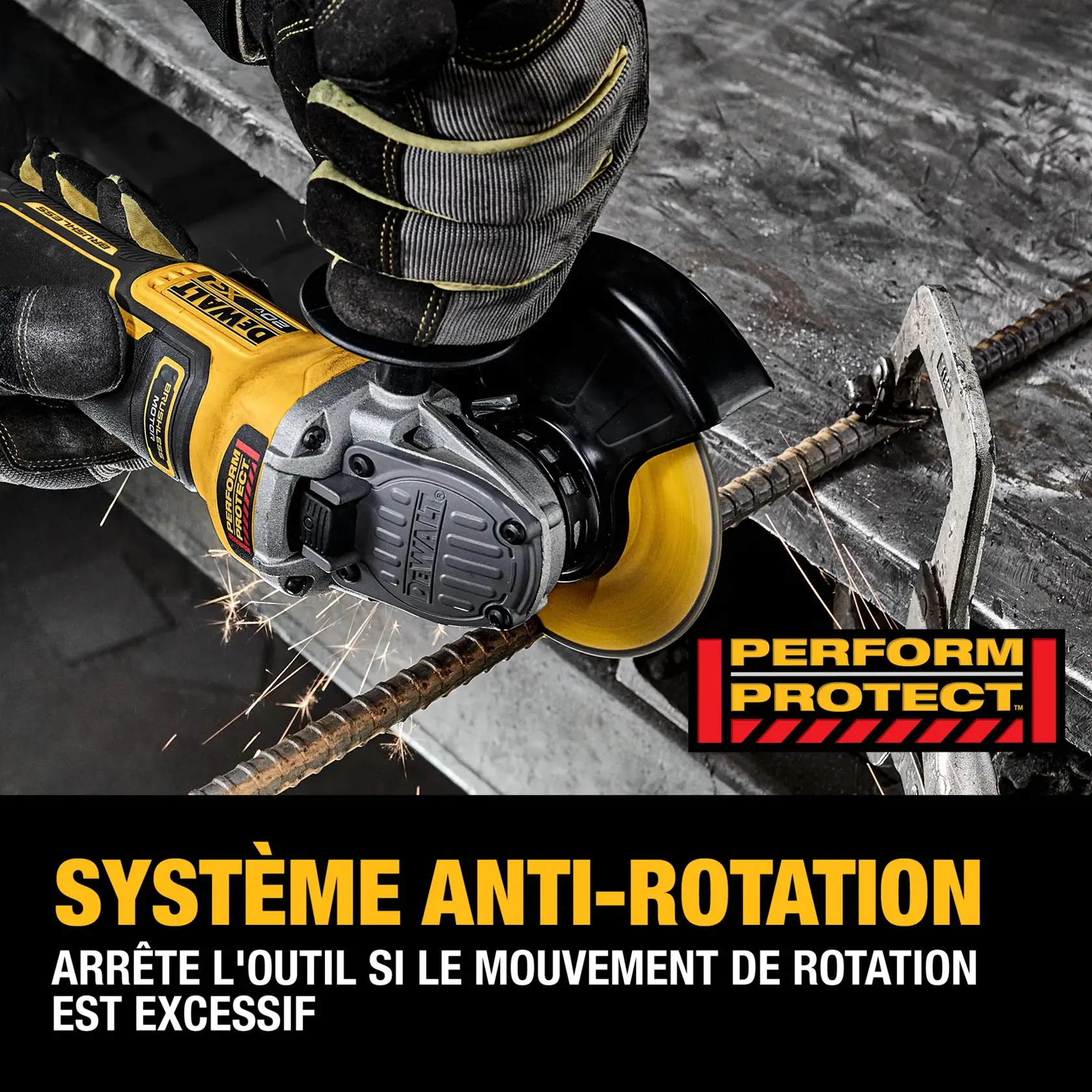 A DEWALT DCG410B angle grinder, operated by a person wearing protective gloves, cutting through a metal rod. Sparks are visible during the cutting process. The image highlights the anti-rotation system feature, which shuts the tool down if rotational motion is excessive, and displays a Perform Protect logo.