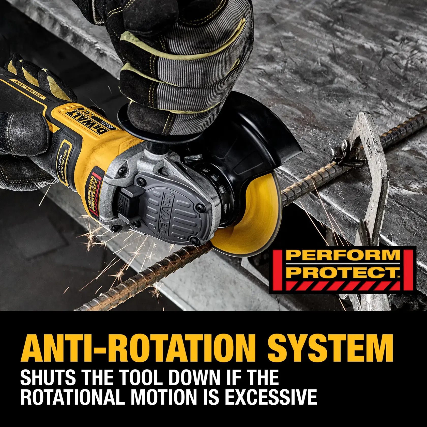 A person wearing gloves is using a yellow DEWALT angle grinder to cut a metal rod, producing sparks. The image highlights the Perform Protect anti-rotation system, which shuts down the tool if rotational motion is excessive.