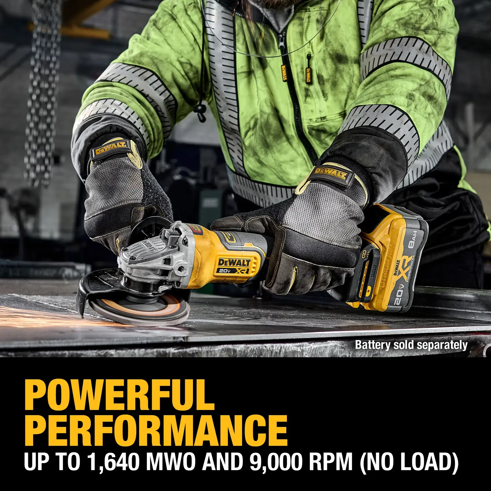 A worker, wearing protective gloves and a green safety jacket, uses a DEWALT 20V cordless angle grinder on a metal surface. Sparks fly as the grinder is in action. Text on the image reads ‘POWERFUL PERFORMANCE UP TO 1,640 MWO AND 9,000 RPM (NO LOAD)’. The battery is noted as sold separately.