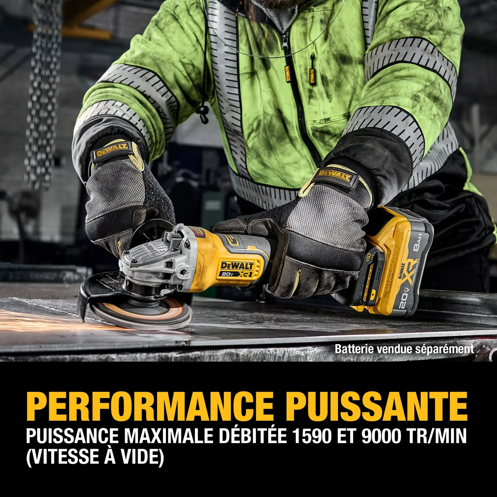 A worker, wearing protective gloves and a green safety jacket, uses a DEWALT 20V cordless angle grinder on a metal surface. Sparks fly as the grinder is in action. Text on the image reads ‘POWERFUL PERFORMANCE UP TO 1,640 MWO AND 9,000 RPM (NO LOAD)’. The battery is noted as sold separately.