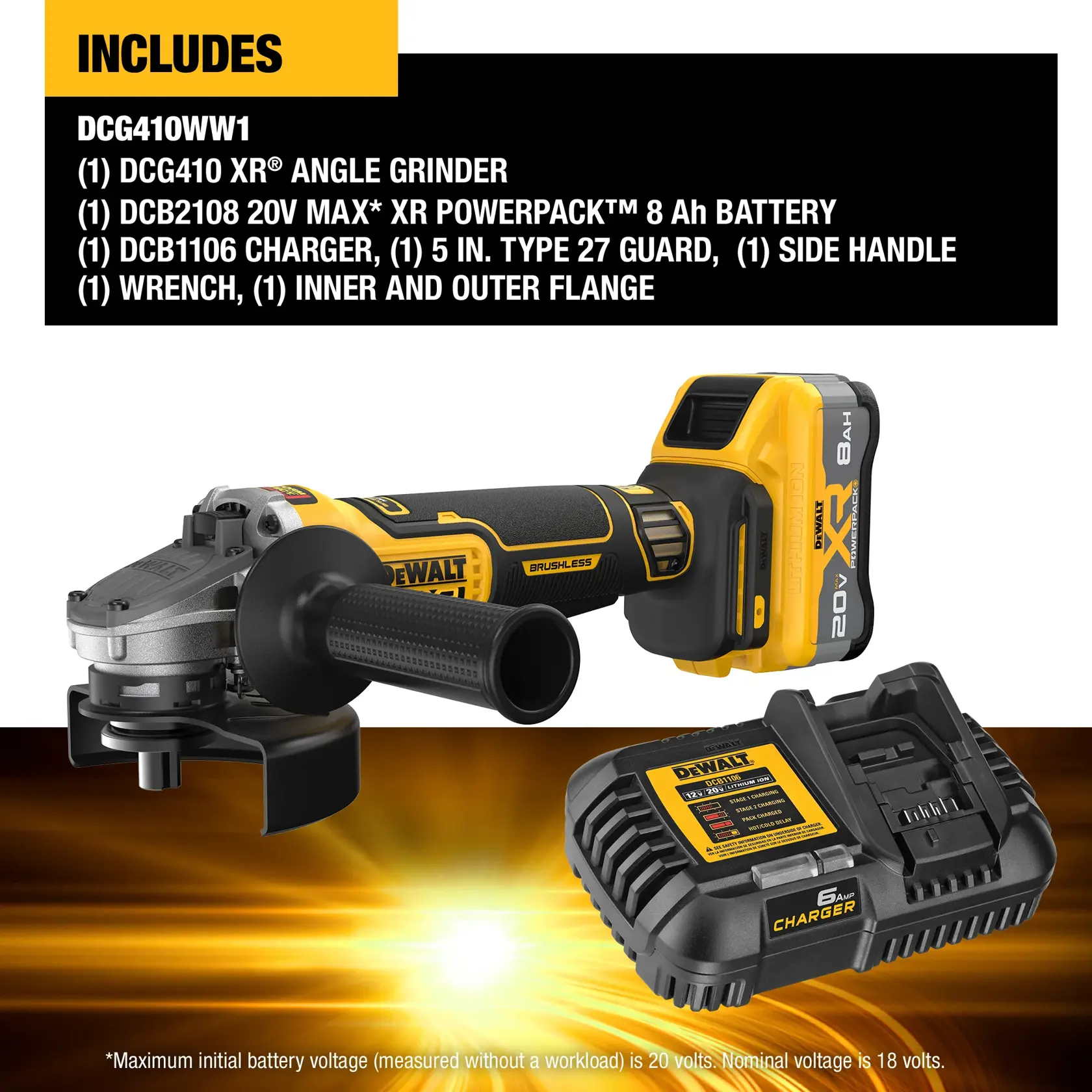 DEWALT DCG410WW1 cordless angle grinder kit with a DCG410 XR angle grinder, DCB2108 20V MAX XR Powerpack 8 Ah battery, DCB1106 charger, 5-inch Type 27 guard, side handle, wrench, and inner and outer flange. The image shows the angle grinder and the charger placed on a yellow and black graphic background, with a list of included items displayed above.
