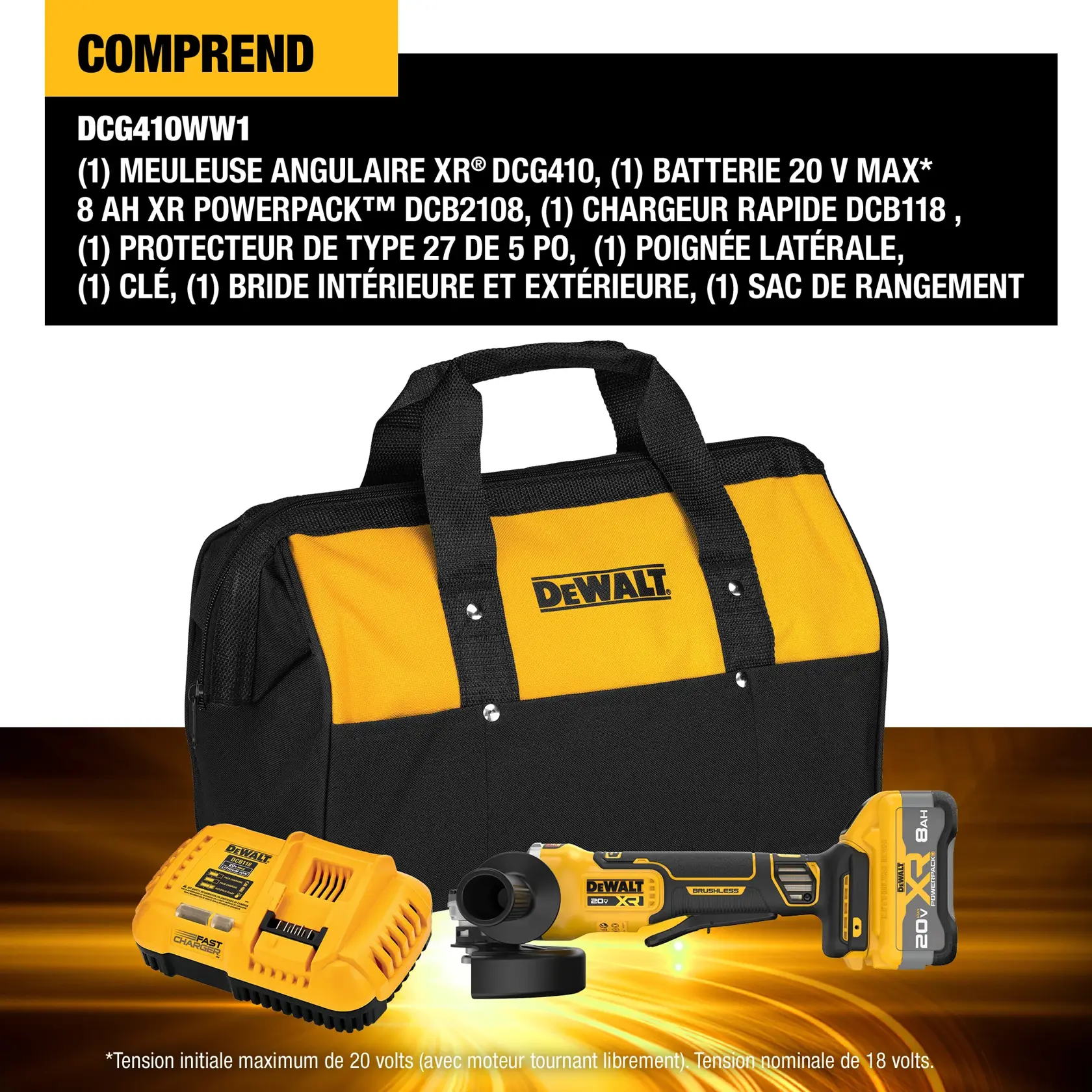 DEWALT DCG410WW1 cordless angle grinder kit with a DCG410 XR angle grinder, DCB2108 20V MAX XR Powerpack 8 Ah battery, DCB1106 charger, 5-inch Type 27 guard, side handle, wrench, and inner and outer flange. The image shows the angle grinder and the charger placed on a yellow and black graphic background, with a list of included items displayed above.