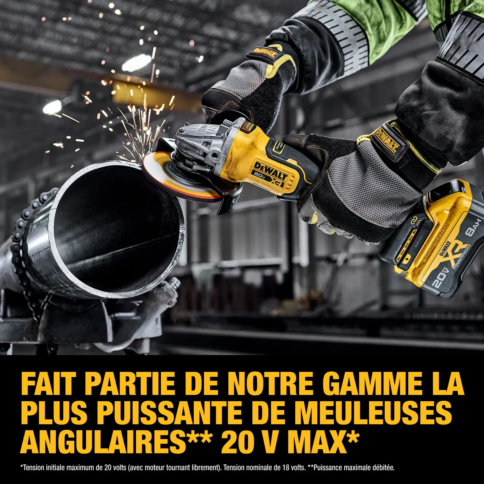 A promotional image for DEWALT featuring a 20V MAX XR cordless angle grinder. The image showcases the grinder at the top, highlighting its powerful performance as part of DEWALT's most powerful line of 20V MAX angle grinders. Below, two battery packs are shown: a standard 20V MAX and a larger 20V MAX XR, with graphics emphasizing the XR's increased power and capacity.