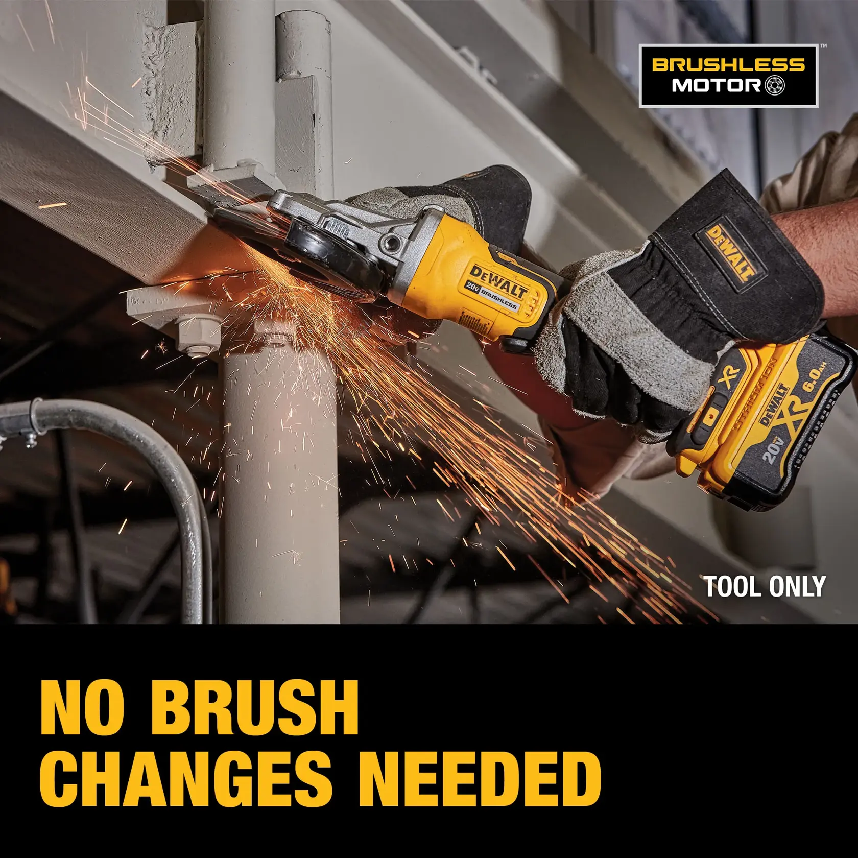 A DEWALT cordless angle grinder with a brushless motor is being used to grind metal, producing sparks. The text reads 'NO BRUSH CHANGES NEEDED' and 'TOOL ONLY.' The worker is wearing protective gloves.