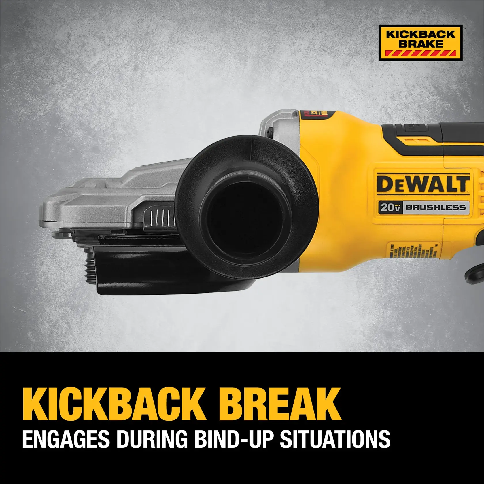 Side view of a DEWALT 20V brushless angle grinder emphasizing its Kickback Brake feature, which engages during bind-up situations. The grinder is shown against a gray background with text highlighting the safety feature.