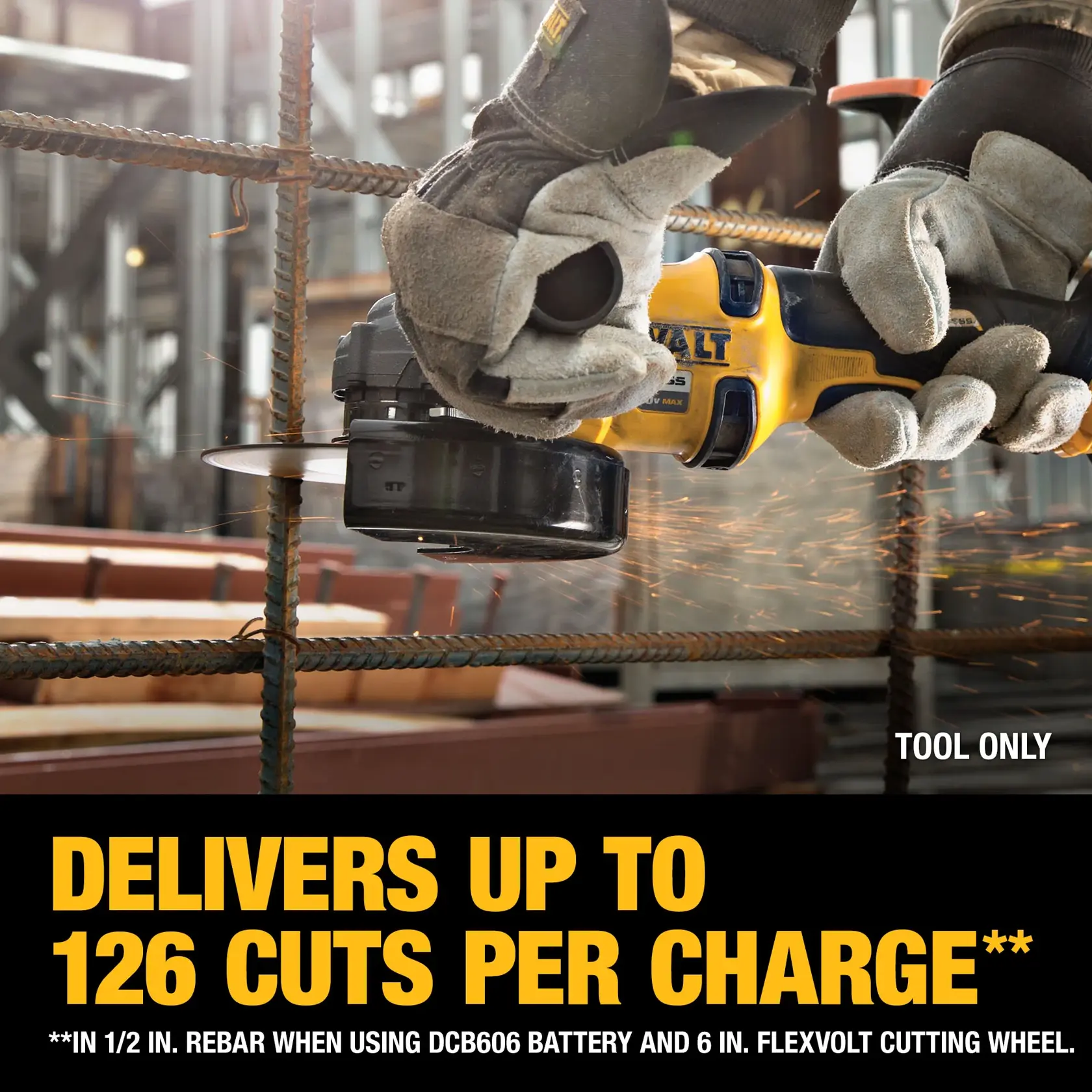 A person wearing work gloves is using a DEWALT cordless angle grinder to cut through steel rebar at a construction site. Sparks are flying from the cutting wheel. The text highlights the tool’s performance: 'Delivers up to 126 cuts per charge.'