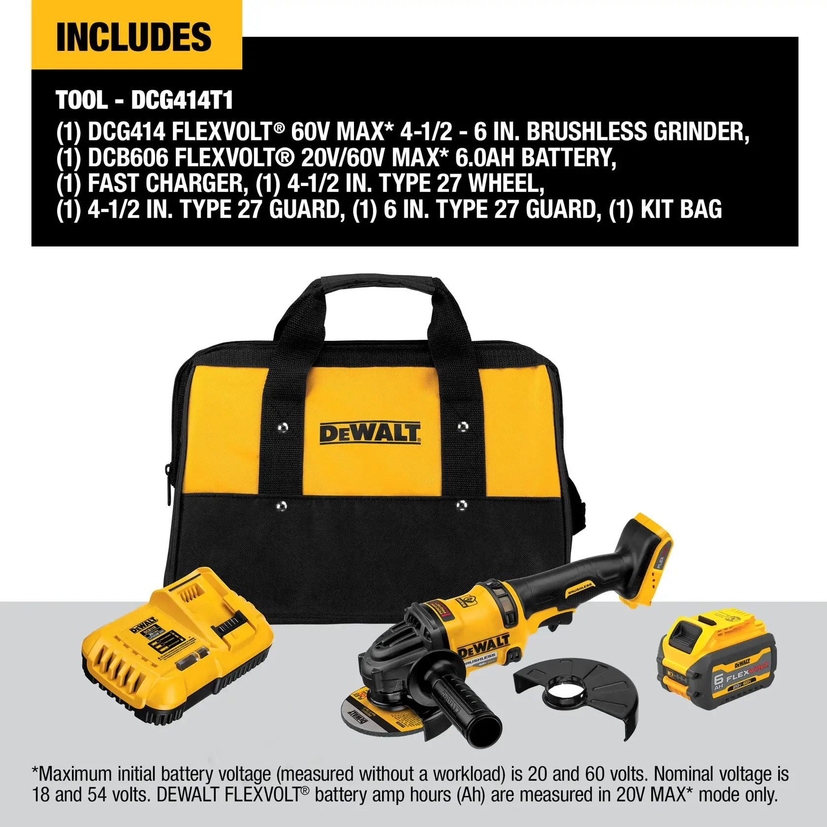 DEWALT DCG414T1 tool kit, including a DCG414 FLEXVOLT 60V MAX brushless grinder (4-1/2 to 6 inches), a DCB606 FLEXVOLT 20V/60V MAX 6.0Ah battery, a fast charger, a 4-1/2 inch Type 27 wheel, 4-1/2 inch Type 27 guard, 6 inch Type 27 guard, and a yellow and black DEWALT kit bag. All items are laid out on a flat surface.