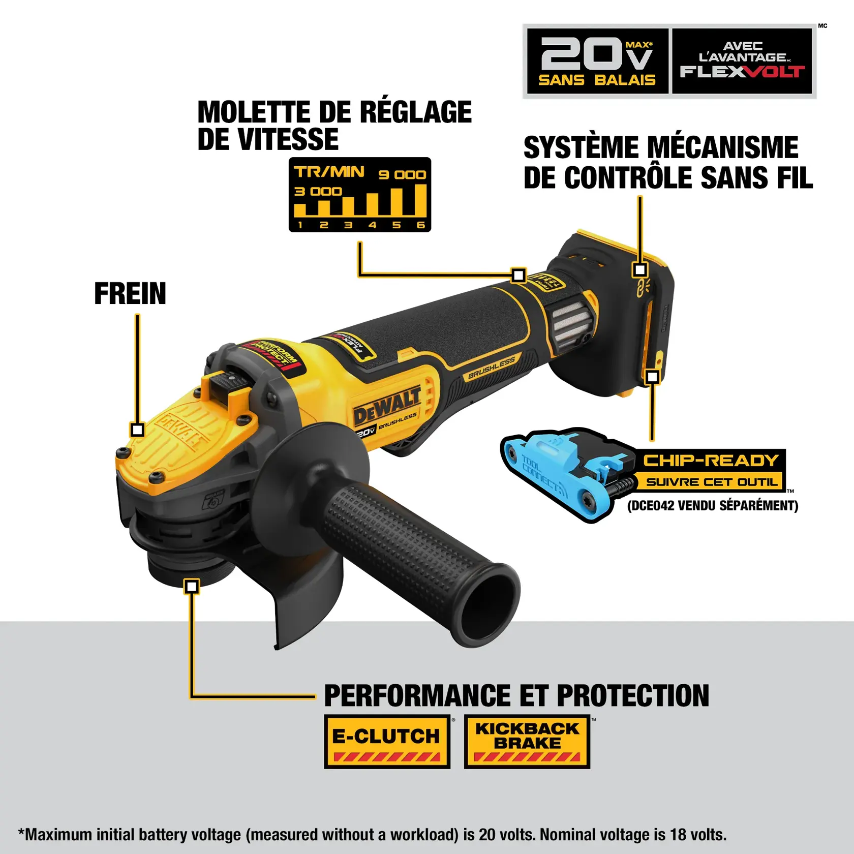 A person wearing a safety vest, gloves, and face shield is using a DEWALT cordless angle grinder on a metal pipe, with sparks flying, in an industrial workshop setting.