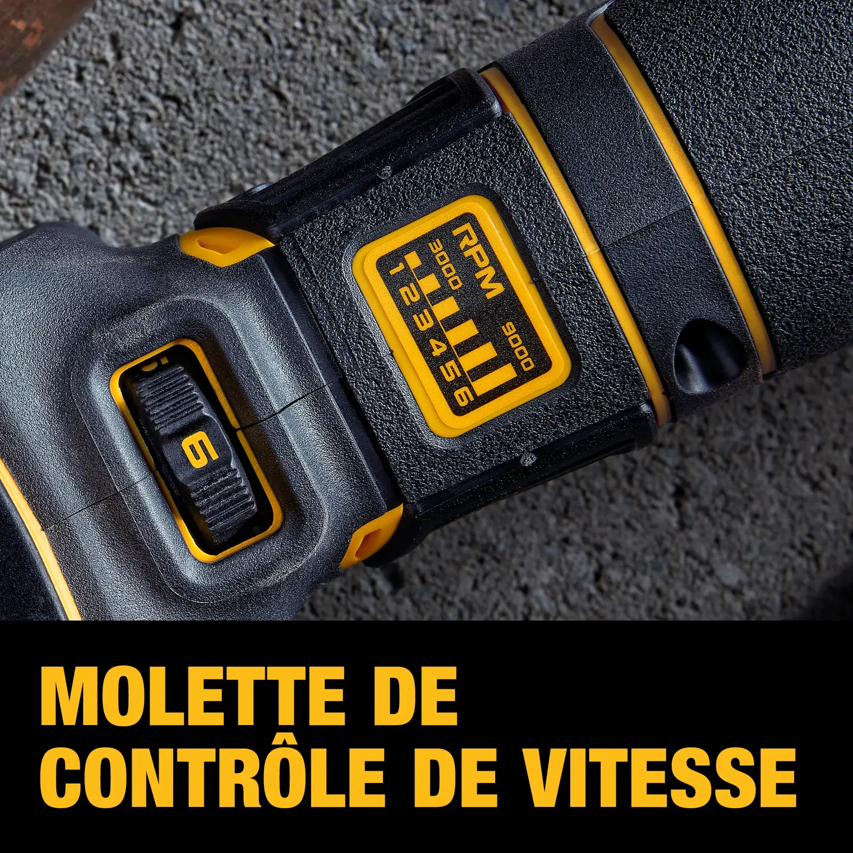 A DEWALT 20V brushless cordless angle grinder with a black and yellow handle, shown from the side. The tool does not have a battery attached.