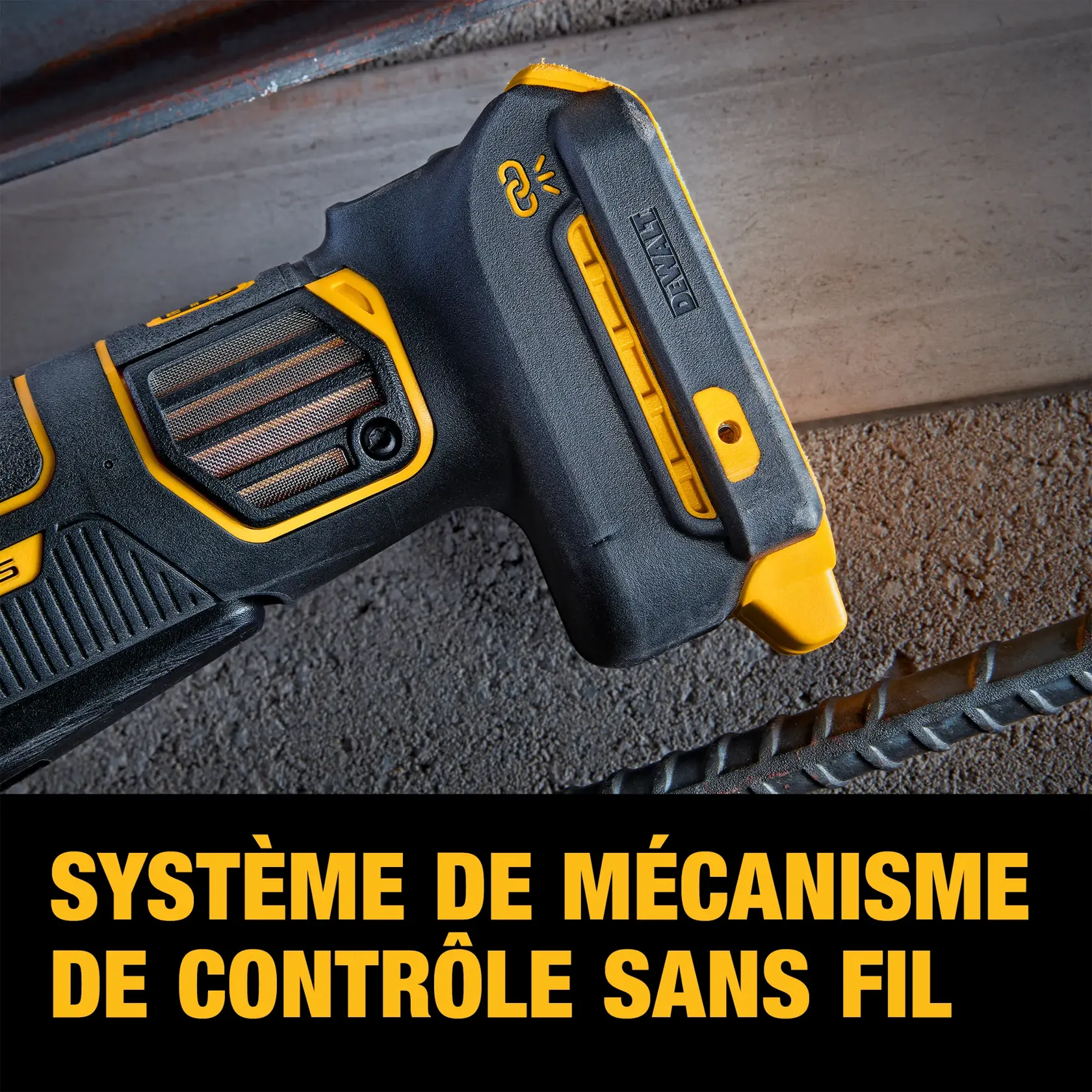 Cordless DEWALT 20V brushless angle grinder with black and yellow design, shown with side handle and protective guard.