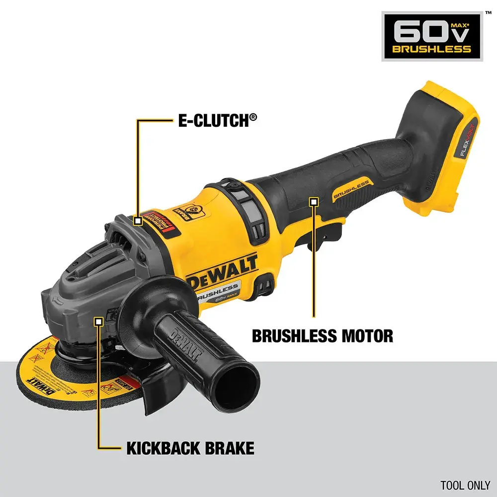 Image of a DEWALT 60V brushless cordless angle grinder featuring an E-Clutch, brushless motor, and kickback brake. The black and yellow tool is showcased with labels highlighting its key features.