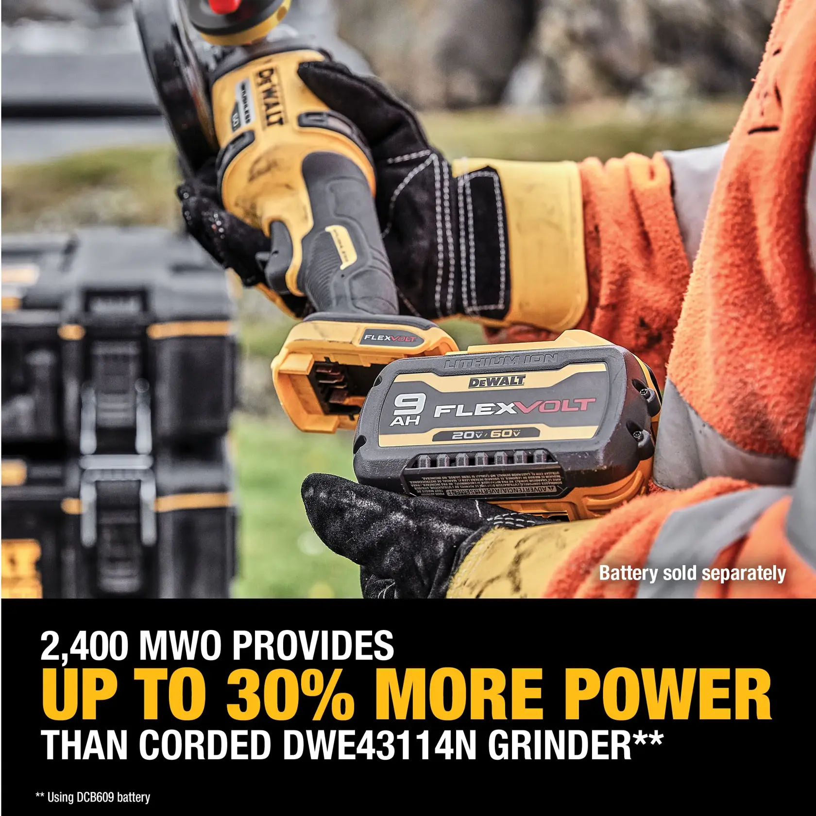 Close-up of a DEWALT FLEXVOLT 9Ah lithium-ion battery being held by a person wearing gloves and an orange jacket. The battery is being installed in a DEWALT power tool, with tool cases visible in the background. Text on the image highlights that 2,400 MWO provides up to 30% more power than a corded DWE43114N grinder, with a note stating the battery is sold separately.