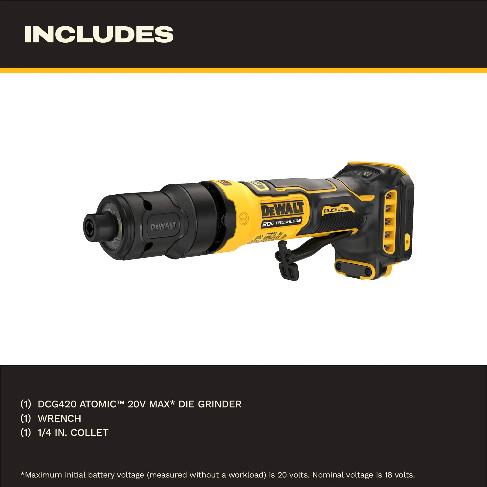Image showing the DEWALT DCG420 ATOMIC 20V MAX brushless die grinder along with the included items: a wrench and a 1/4 inch collet. Text describes product inclusions and specifications.