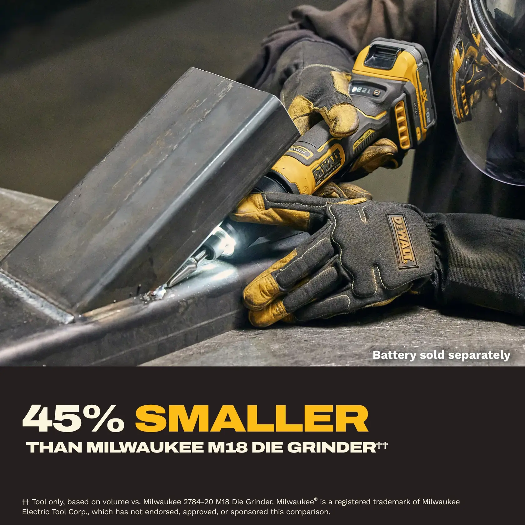 A person wearing protective gloves and a face shield uses a DEWALT cordless die grinder on a metal piece. The promotional text highlights that the DEWALT grinder is 45% smaller than the Milwaukee M18 die grinder. Battery is sold separately.