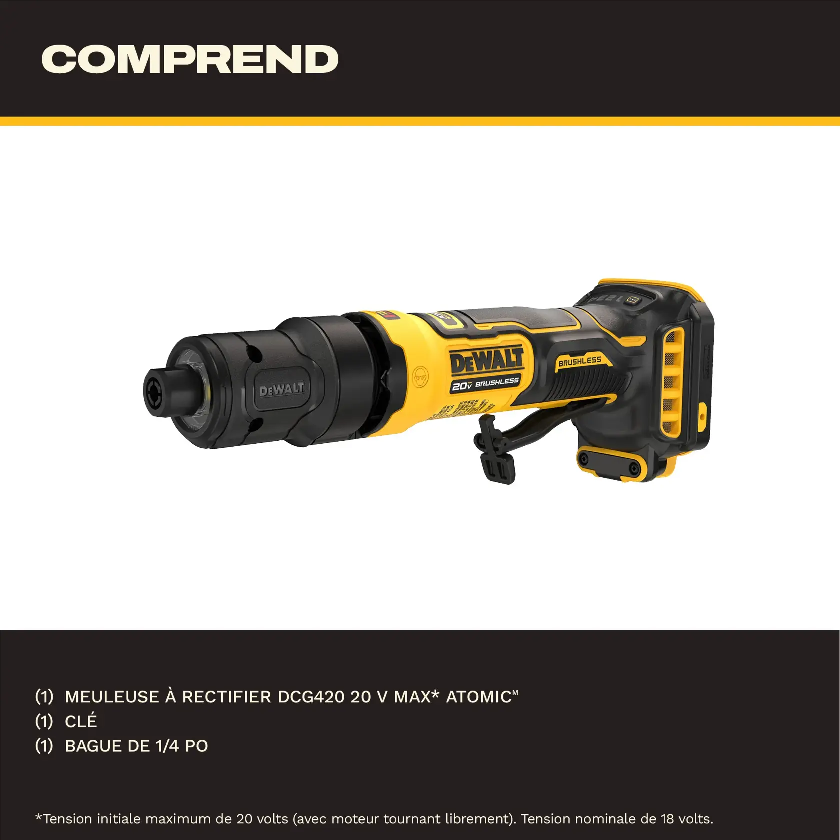 Image showing the DEWALT DCG420 ATOMIC 20V MAX brushless die grinder along with the included items: a wrench and a 1/4 inch collet. Text describes product inclusions and specifications.