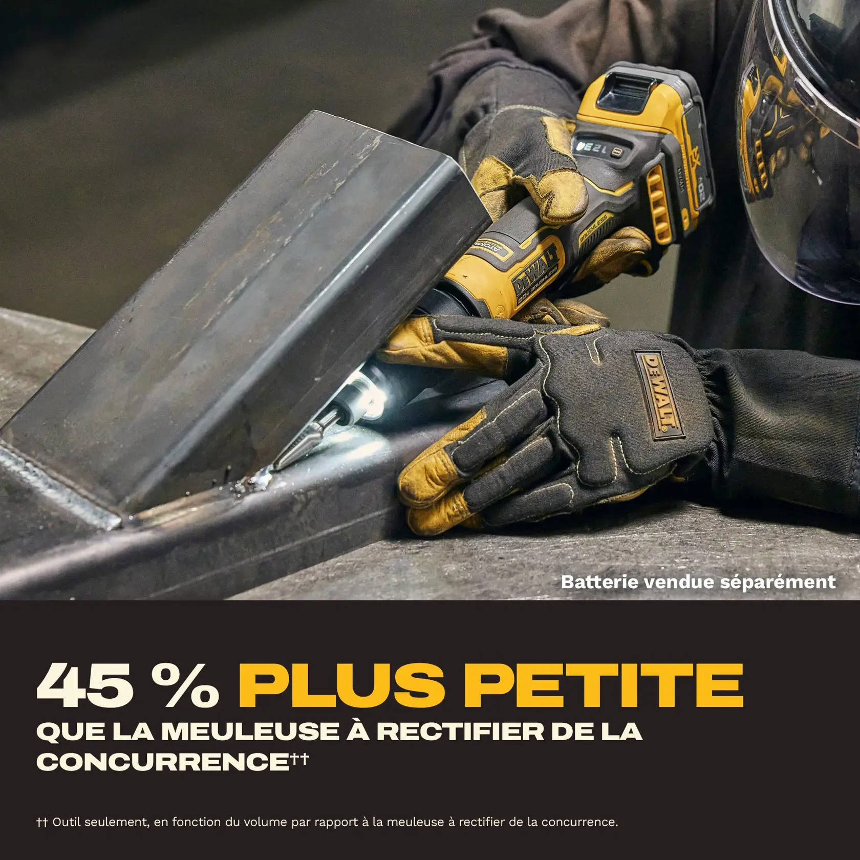 Image showing the DEWALT DCG420B 20V MAX Brushless Atomic Compact Series power tool. Key features highlighted include anti-rotation system for improved control, onboard LED, easy wheel changes via spindle lock, electronic brake for quick blade stop, variable speed trigger, paddle switch that meets site requirements, and tool connect chip ready capability (chip sold separately).