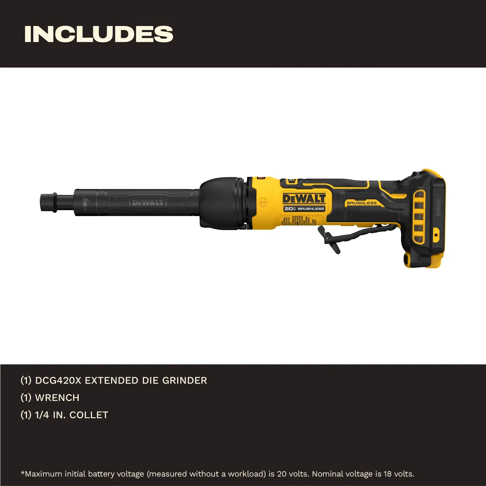 A product image showing a DEWALT DCG420X extended die grinder, displayed horizontally. The graphic also lists included items: one DCG420X extended die grinder, one wrench, and one 1/4 inch collet. Maximum initial battery voltage is noted as 20 volts, nominal voltage as 18 volts.
