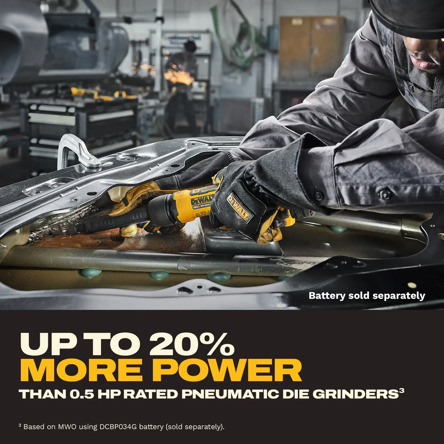 A person wearing protective gloves and a uniform is using a DEWALT cordless die grinder on metal within an automotive workshop. The grinder is yellow and black, and the image emphasizes its power. Text on the image highlights that the tool delivers up to 20% more power compared to 0.5 HP rated pneumatic die grinders. It also notes that the battery is sold separately.