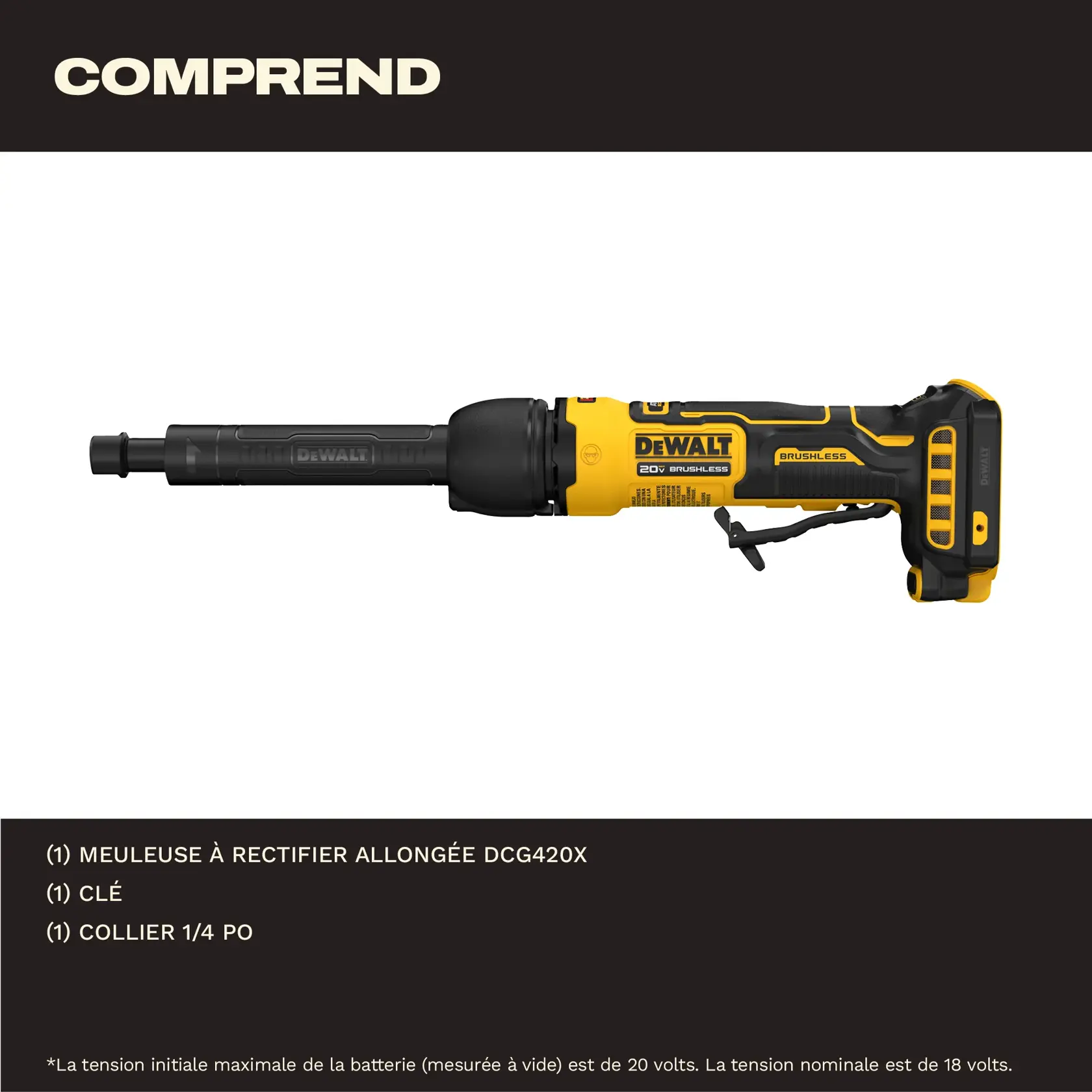 A product image showing a DEWALT DCG420X extended die grinder, displayed horizontally. The graphic also lists included items: one DCG420X extended die grinder, one wrench, and one 1/4 inch collet. Maximum initial battery voltage is noted as 20 volts, nominal voltage as 18 volts.