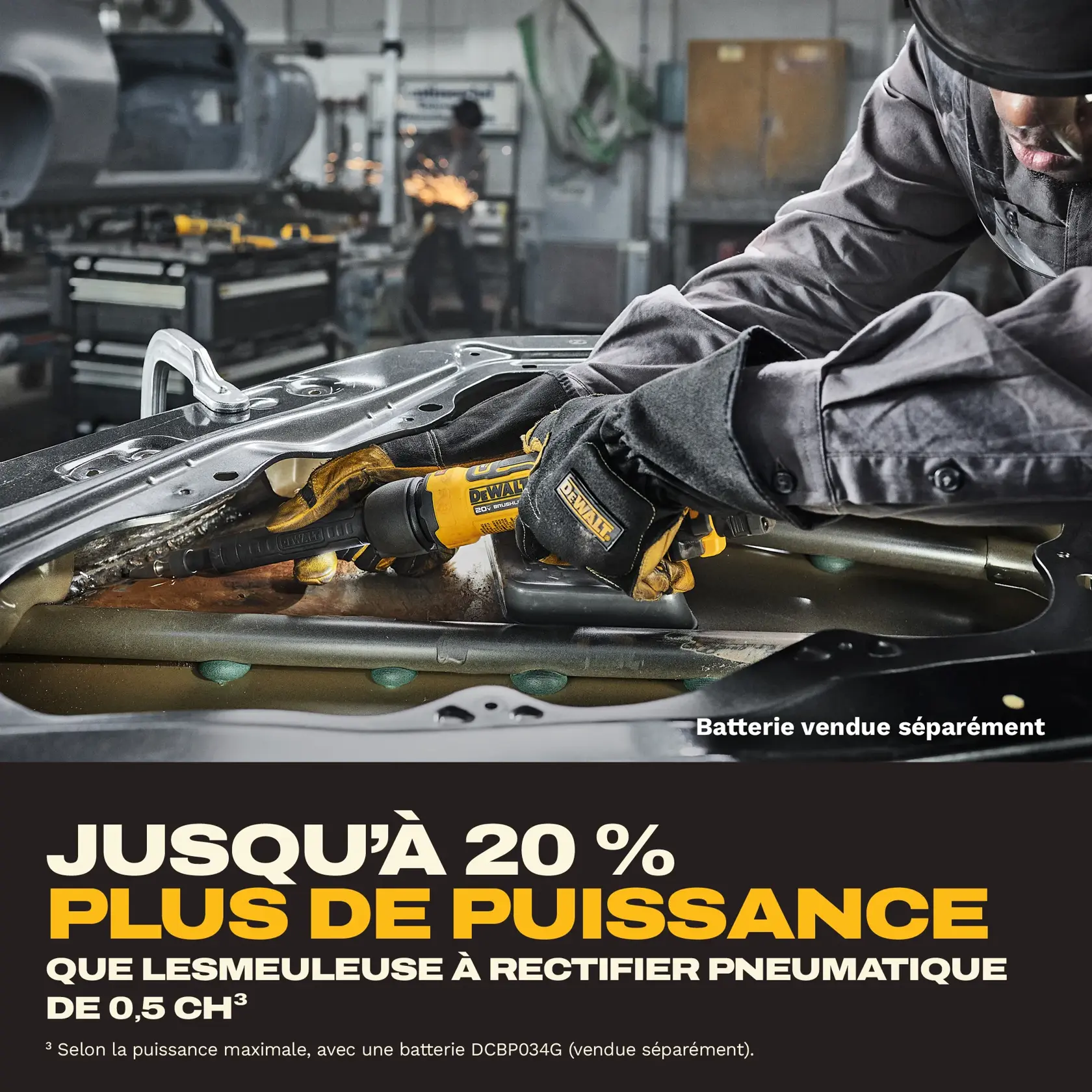 Product graphic for the DEWALT 20V MAX Brushless Atomic Compact Series die grinder. Features highlighted include an electronic brake that stops the wheel in less than one second, variable speed up to 24,500 RPM, onboard LED, paddle switch with lock-off and no lock-on, chip-ready tracking compatibility, anti-rotation control system, and 30% smaller size for working in narrow spaces.