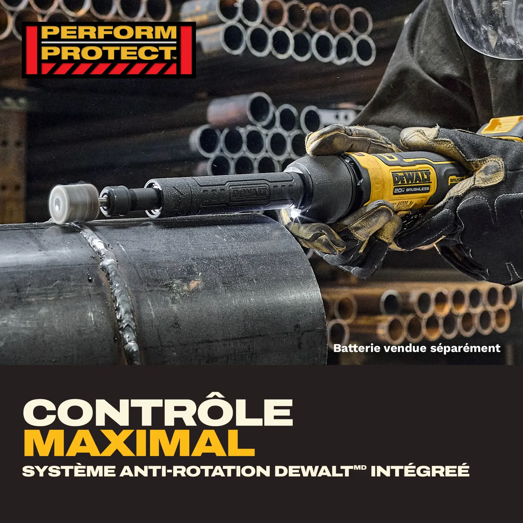 A person wearing protective gloves and a uniform is using a DEWALT cordless die grinder on metal within an automotive workshop. The grinder is yellow and black, and the image emphasizes its power. Text on the image highlights that the tool delivers up to 20% more power compared to 0.5 HP rated pneumatic die grinders. It also notes that the battery is sold separately.
