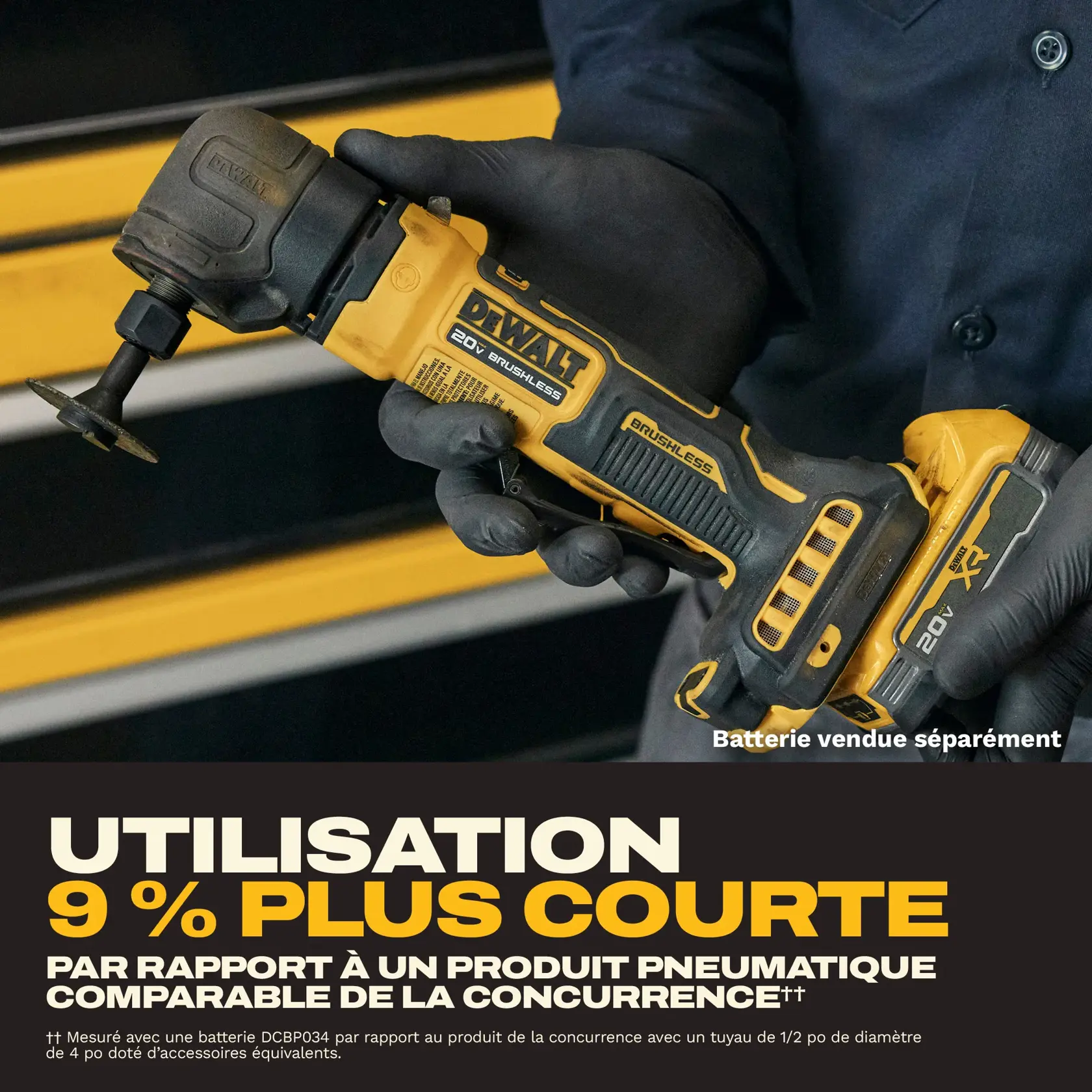 A close-up of a gloved hand holding a DEWALT 20V brushless tool with a cutting disc, highlighting its compact design. The text emphasizes that the tool is 9% shorter in length during usage compared to a comparable pneumatic competitor, and a note states 'Battery sold separately.'