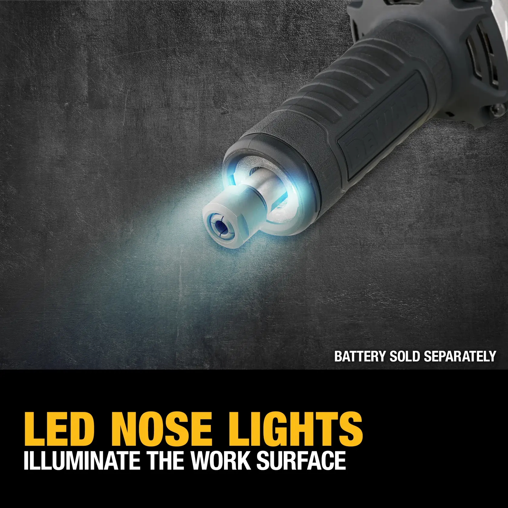 Close-up image of the DEWALT DCG426B power tool displaying its LED nose lights illuminating the work surface. Text on the image highlights the LED feature and states that the battery is sold separately.