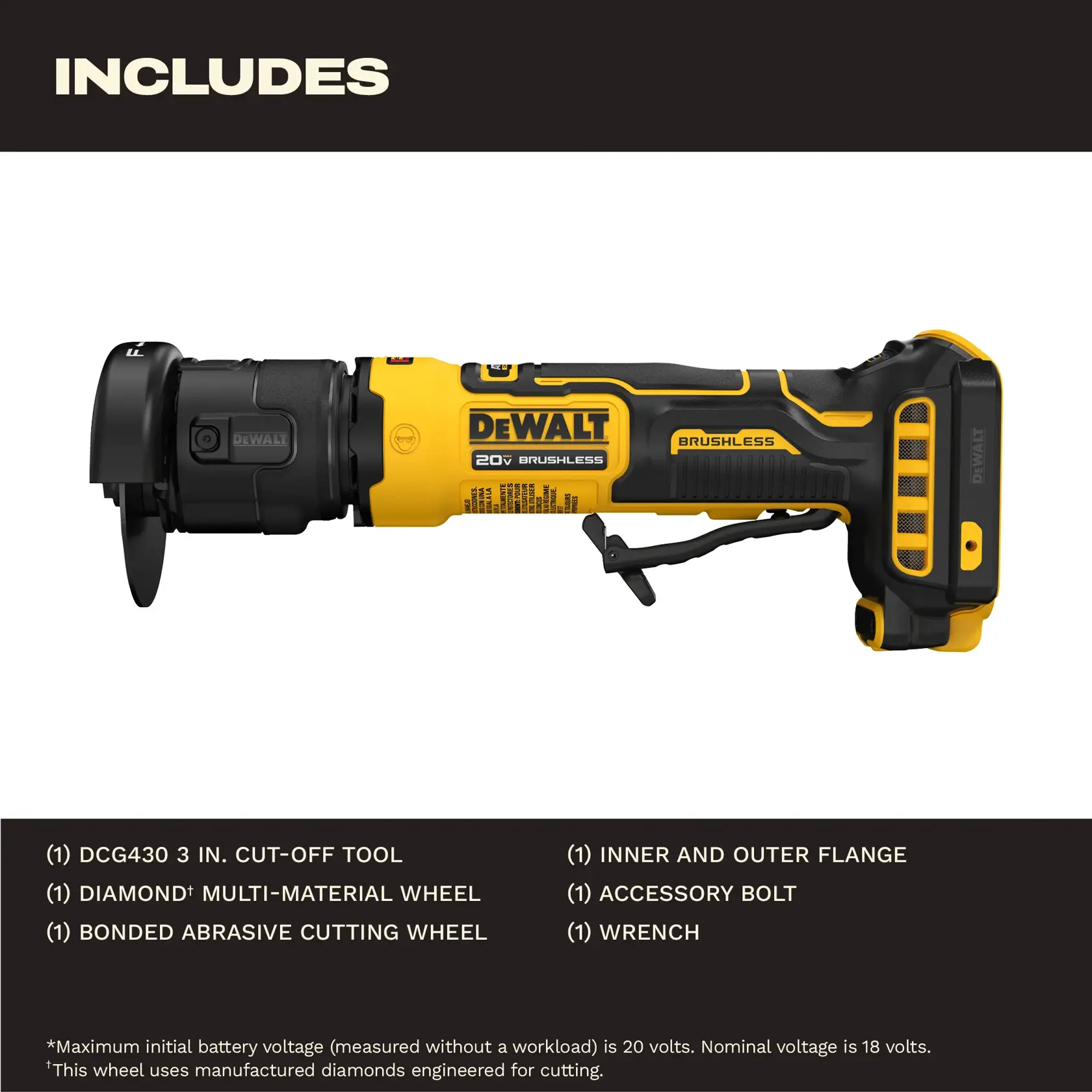 Image of a DEWALT 20V Brushless 3-inch cut-off tool (DCG430B) in yellow and black, shown from the side. The included items listed are: 3-inch cut-off tool, diamond multi-material wheel, bonded abrasive cutting wheel, inner and outer flange, accessory bolt, and wrench.
