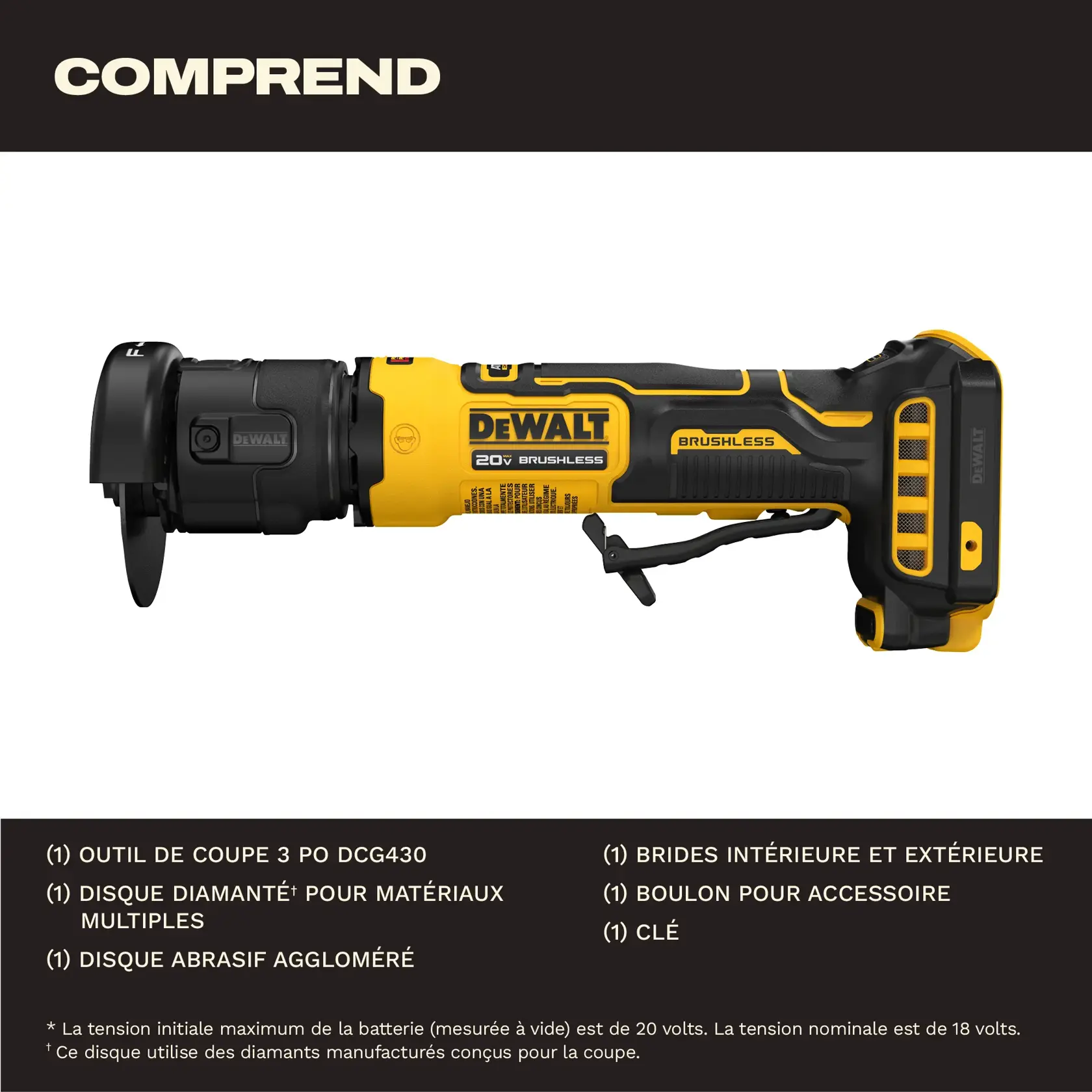Image of a DEWALT 20V Brushless 3-inch cut-off tool (DCG430B) in yellow and black, shown from the side. The included items listed are: 3-inch cut-off tool, diamond multi-material wheel, bonded abrasive cutting wheel, inner and outer flange, accessory bolt, and wrench.