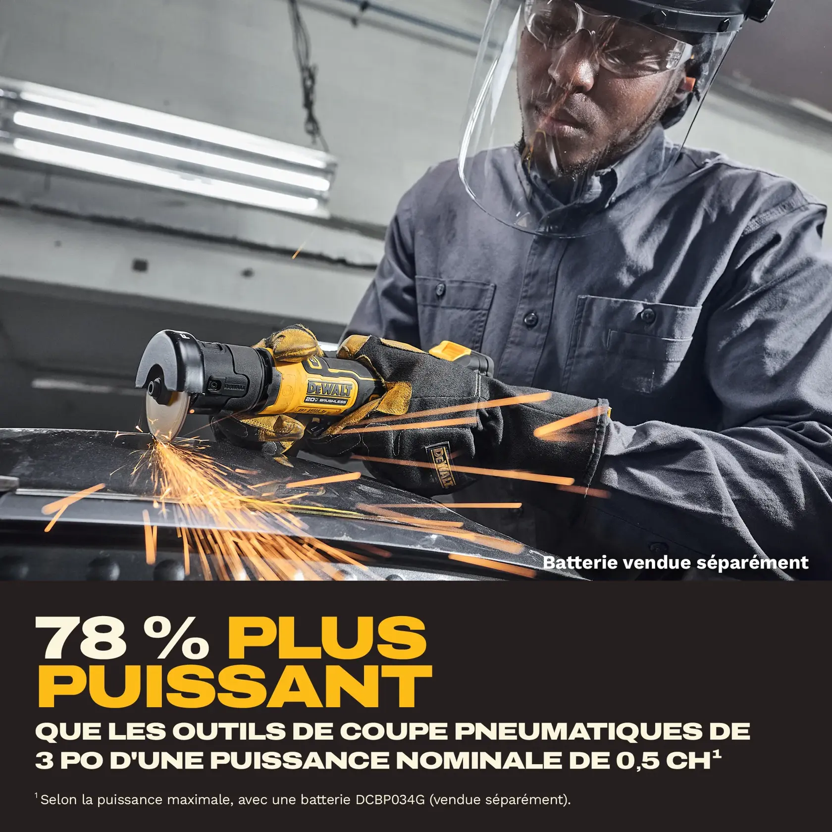 Image of a DEWALT 20V MAX Brushless Atomic Compact Series tool, highlighting its features: rotating guard with 11 positions, spindle lock, forward exhaust system, electronic brake, paddle switch, forward/reverse functionality, and anti-rotation control system. The tool is chip-ready for tracking, with chip sold separately.