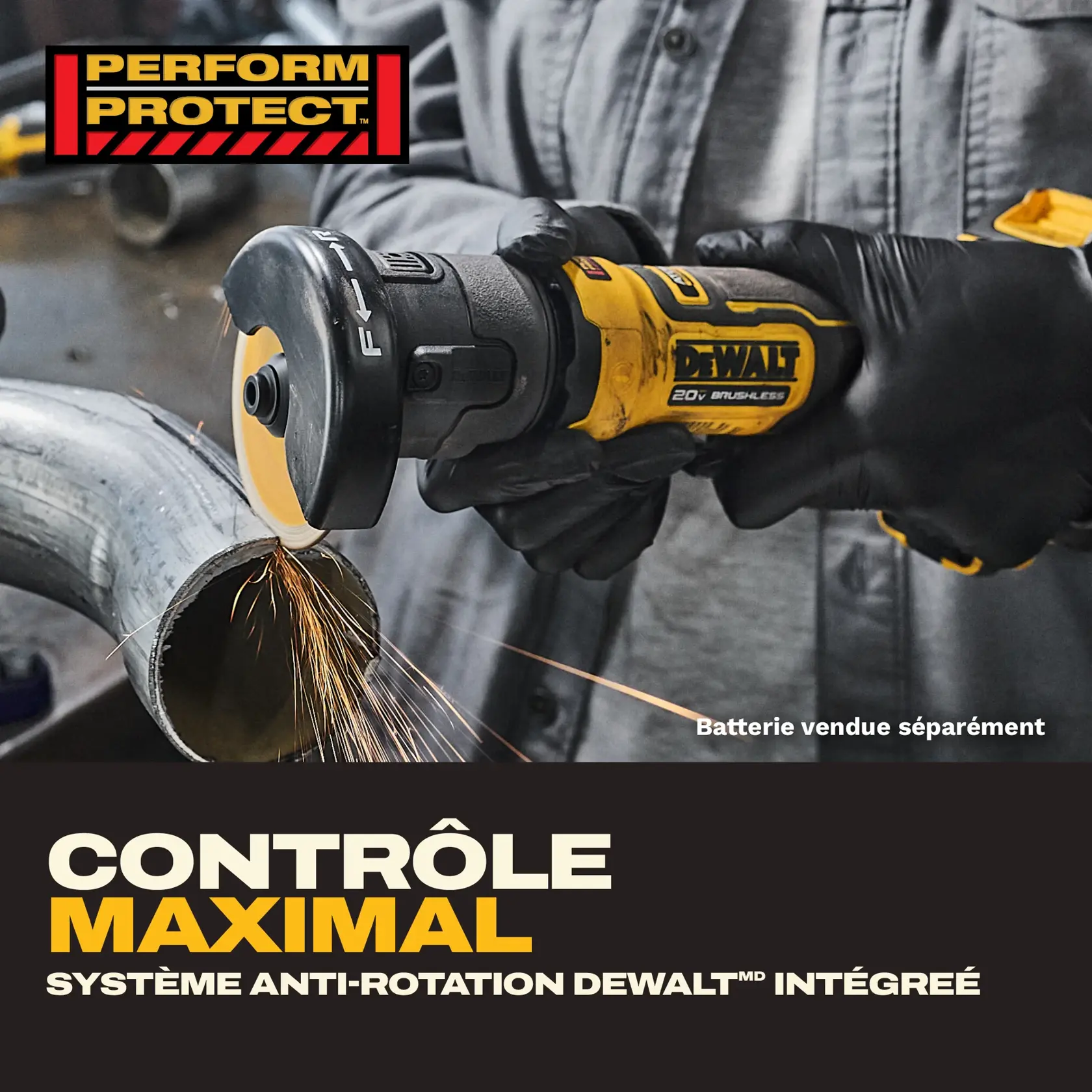 A person wearing protective gear uses a DEWALT cordless 3-inch cut-off tool, generating sparks while cutting metal. The text highlights 78% more power compared to 0.5 HP rated pneumatic cut-off tools and notes that the battery is sold separately.