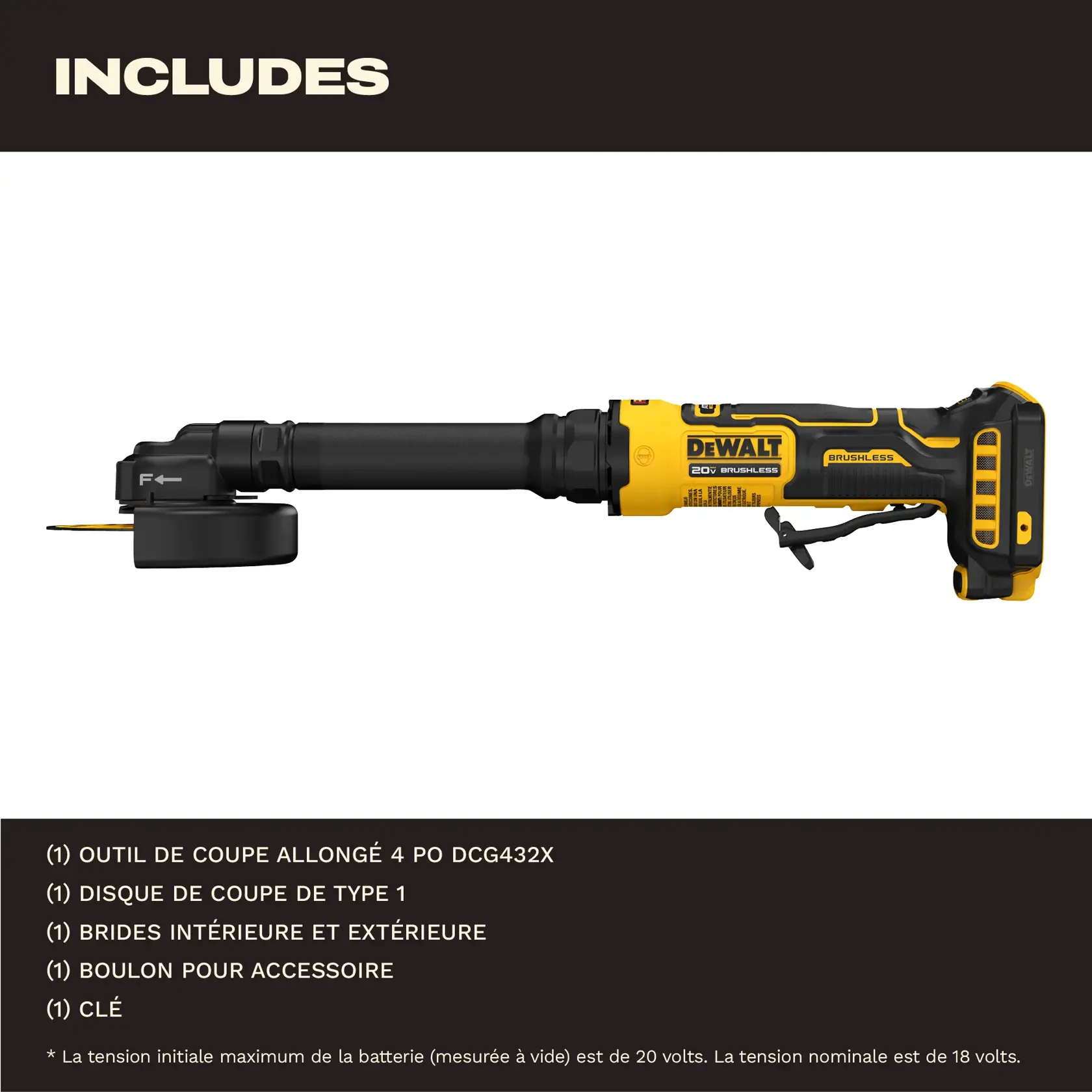 DEWALT DCG432X 4-inch extended cut-off tool with yellow and black brushless design, shown with accessory components including a type 1 cutting wheel, inner and outer flange, accessory bolt, and wrench. Includes a note on maximum initial battery voltage of 20 volts (nominal 18 volts).