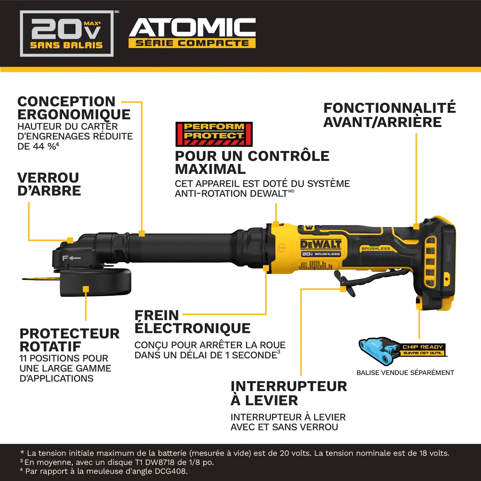 Image showing a Dewalt 20V battery and charger inside a yellow circle with a diagonal line across them, indicating they are not included. Below, text reads 'Battery and Charger Sold Separately.'