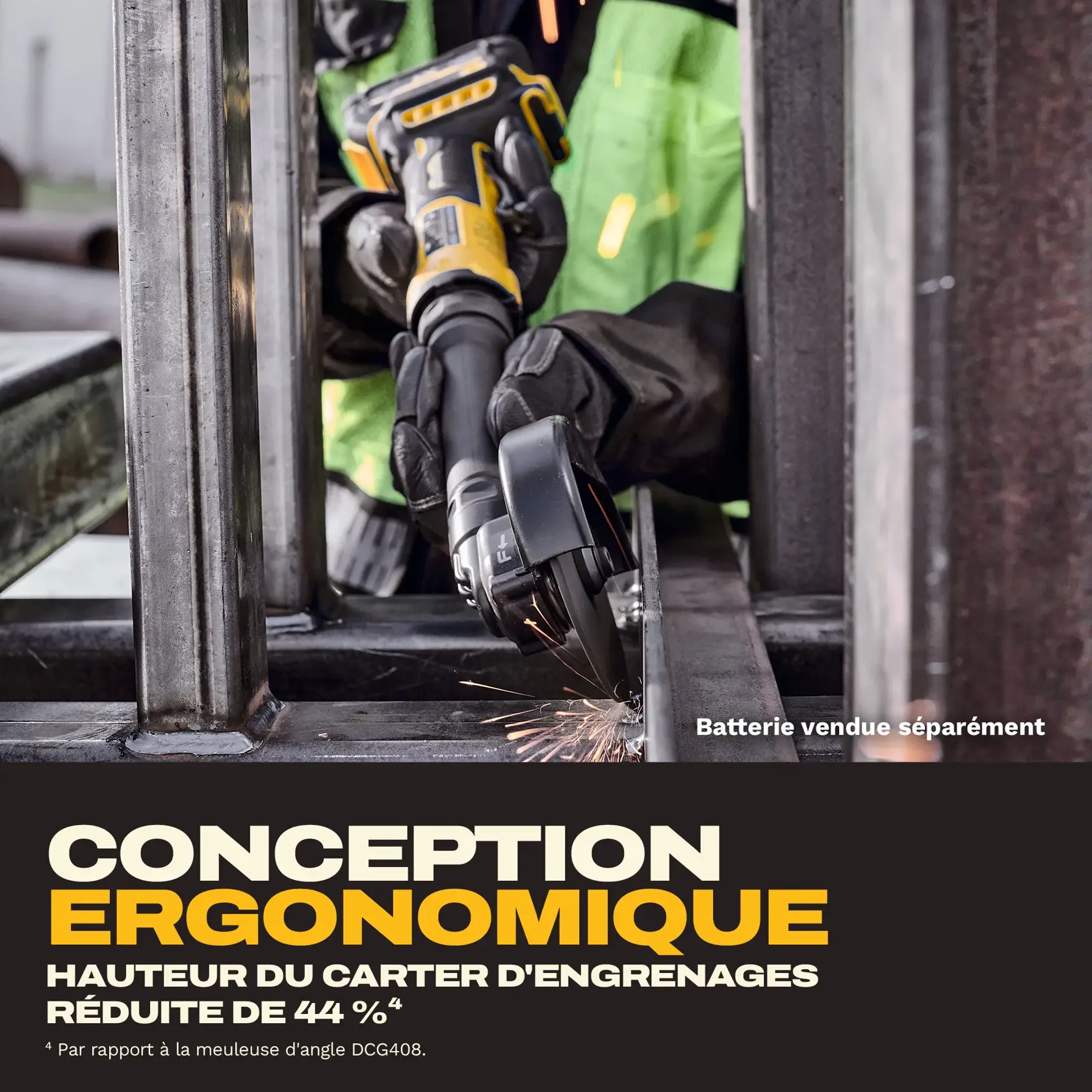 Diagram showcasing features of the DEWALT 20V MAX Brushless Atomic Compact Series angle grinder. Highlights include ergonomic design (44% smaller gearcase height), spindle lock, rotating guard with 11 positions, electronic brake (stops wheel within 1.1 seconds), paddle switch with lock-off and no lock-on, forward/reverse functionality, help maximize control with DEWALT anti-rotation system, and chip-ready tool tracking compatibility (chip sold separately).