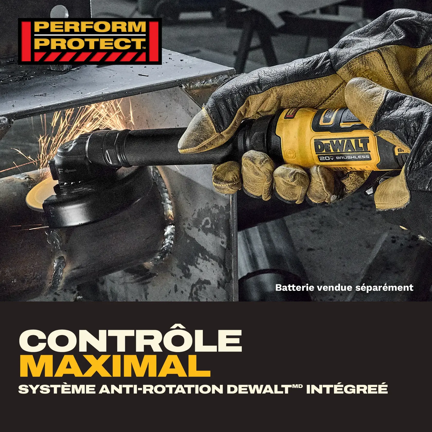 A person wearing gloves uses a DEWALT cordless angle grinder to cut metal, with sparks flying. The text highlights the ergonomic design and 44% smaller gearcase height compared to the DCG408 model. Notice also says, 'Battery sold separately.'