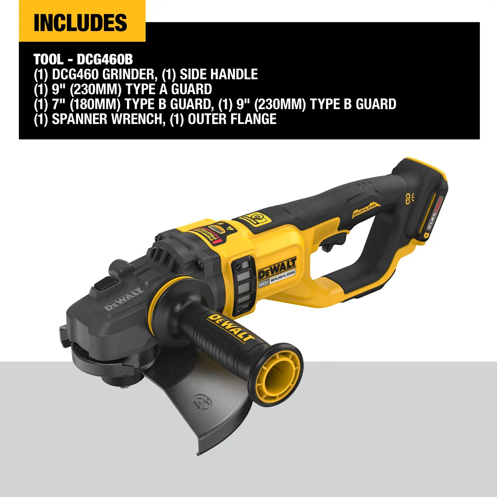A DEWALT DCG460B cordless grinder is shown with a side handle attached. The image also displays a list of included items: DCG460 grinder, side handle, 9-inch (230mm) Type A guard, 7-inch (180mm) Type B guard, 9-inch (230mm) Type B guard, spanner wrench, and outer flange.