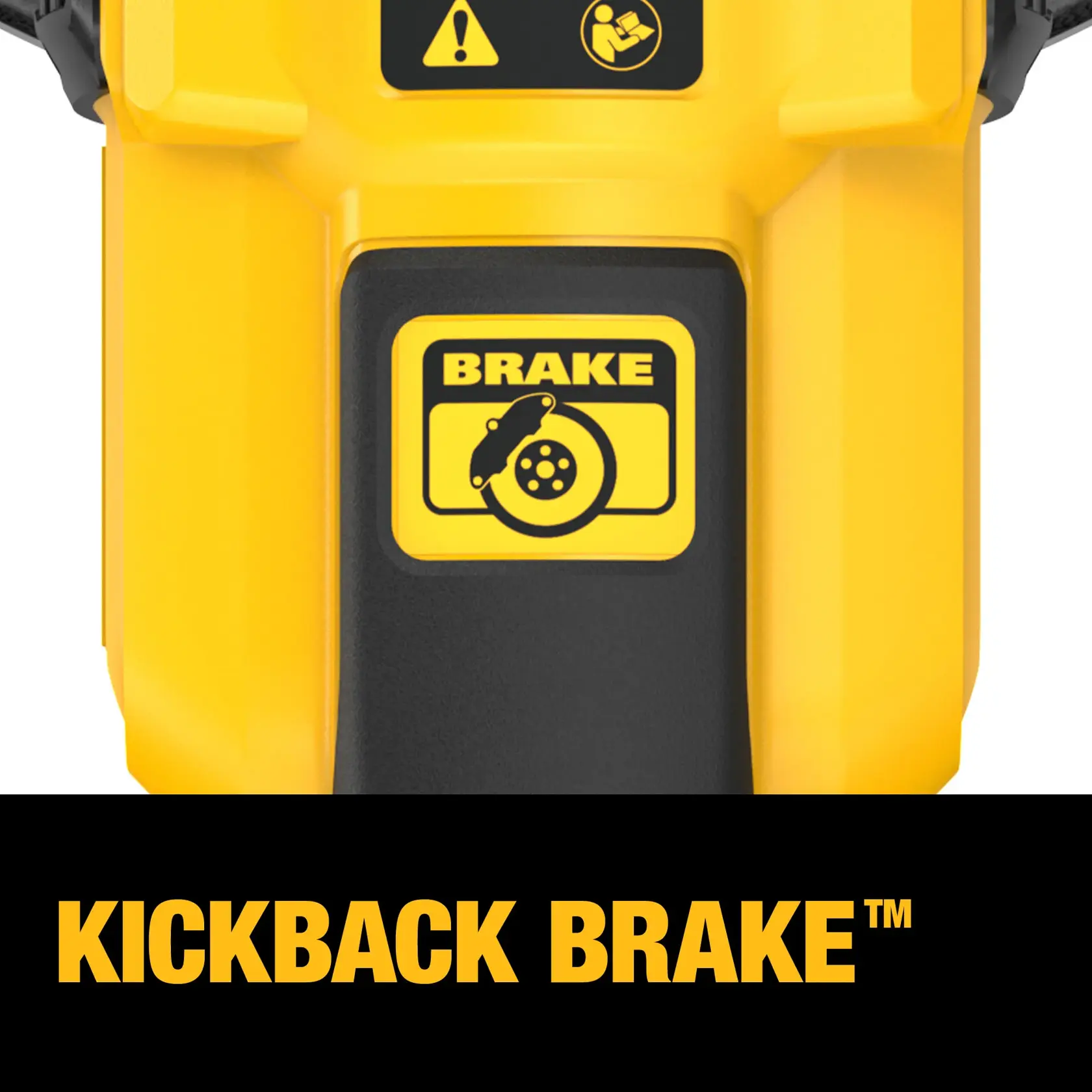 Close-up of a DEWALT tool featuring a yellow 'BRAKE' label with an icon of a disc and caliper, and the words 'KICKBACK BRAKE™' in bold yellow text below.