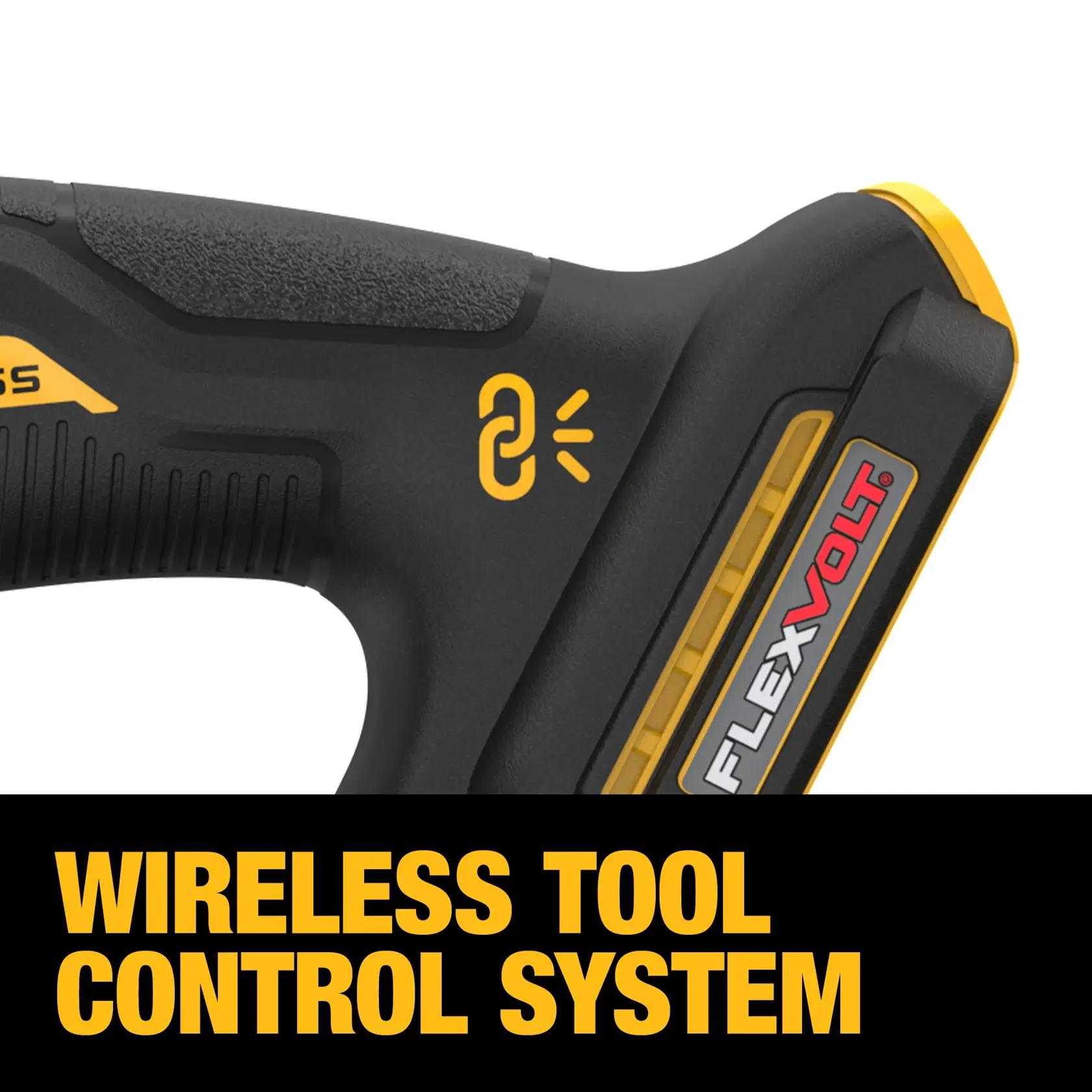 Close-up of a DEWALT FLEXVOLT power tool handle highlighting the wireless tool control system, with a yellow link icon and text reading 'WIRELESS TOOL CONTROL SYSTEM' below.