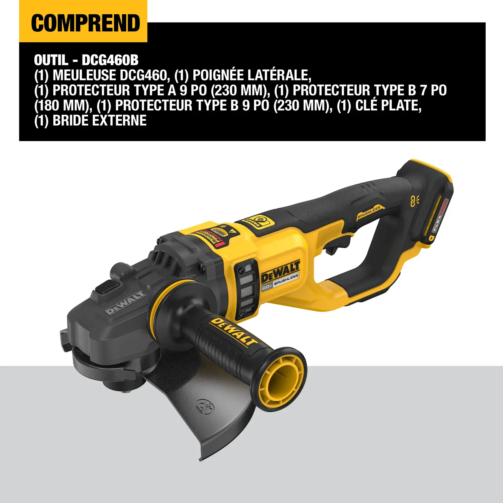 A DEWALT DCG460B cordless grinder is shown with a side handle attached. The image also displays a list of included items: DCG460 grinder, side handle, 9-inch (230mm) Type A guard, 7-inch (180mm) Type B guard, 9-inch (230mm) Type B guard, spanner wrench, and outer flange.