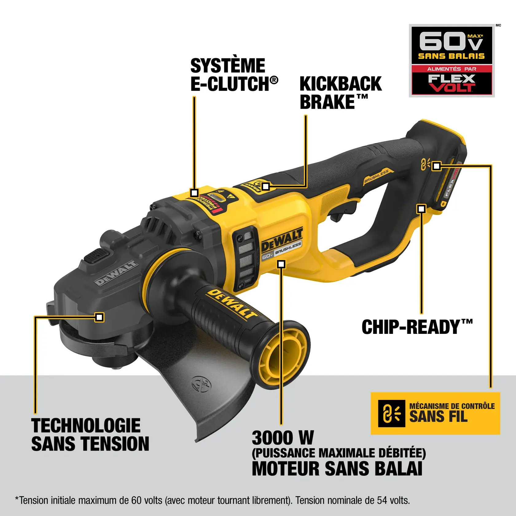 Close-up image of a DEWALT power tool showing a yellow and black brake indicator label with the text 'BRAKE' and an icon of a brake disc. Below, bold yellow text reads 'KICKBACK BRAKE™' on a black background.