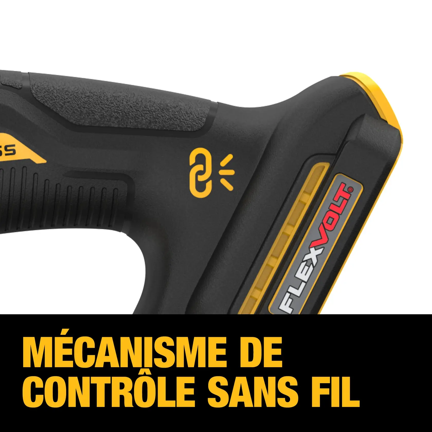 Close-up of a DEWALT tool featuring a yellow 'BRAKE' label with an icon of a disc and caliper, and the words 'KICKBACK BRAKE™' in bold yellow text below.