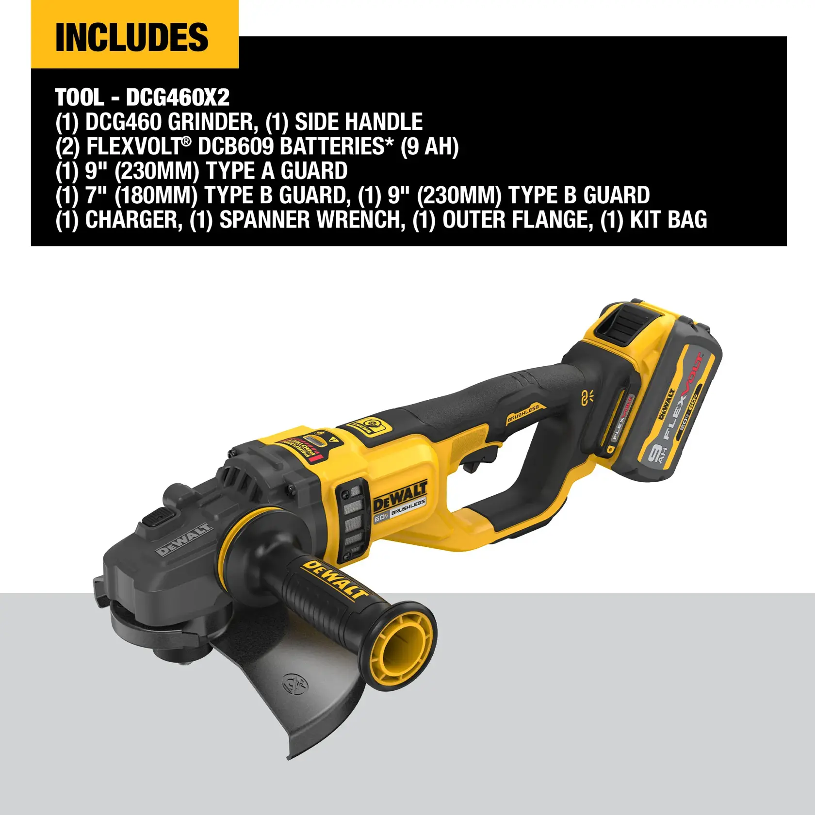 Image of a DEWALT DCG460X2 cordless grinder kit. The grinder is yellow and black with a FLEXVOLT battery attached. Text on the image lists the kit contents, including one DCG460 grinder, one side handle, two FLEXVOLT DCB609 batteries (9 AH), one 9-inch (230mm) type A guard, one 7-inch (180mm) type B guard, one 9-inch (230mm) type B guard, one charger, one spanner wrench, one outer flange, and one kit bag.