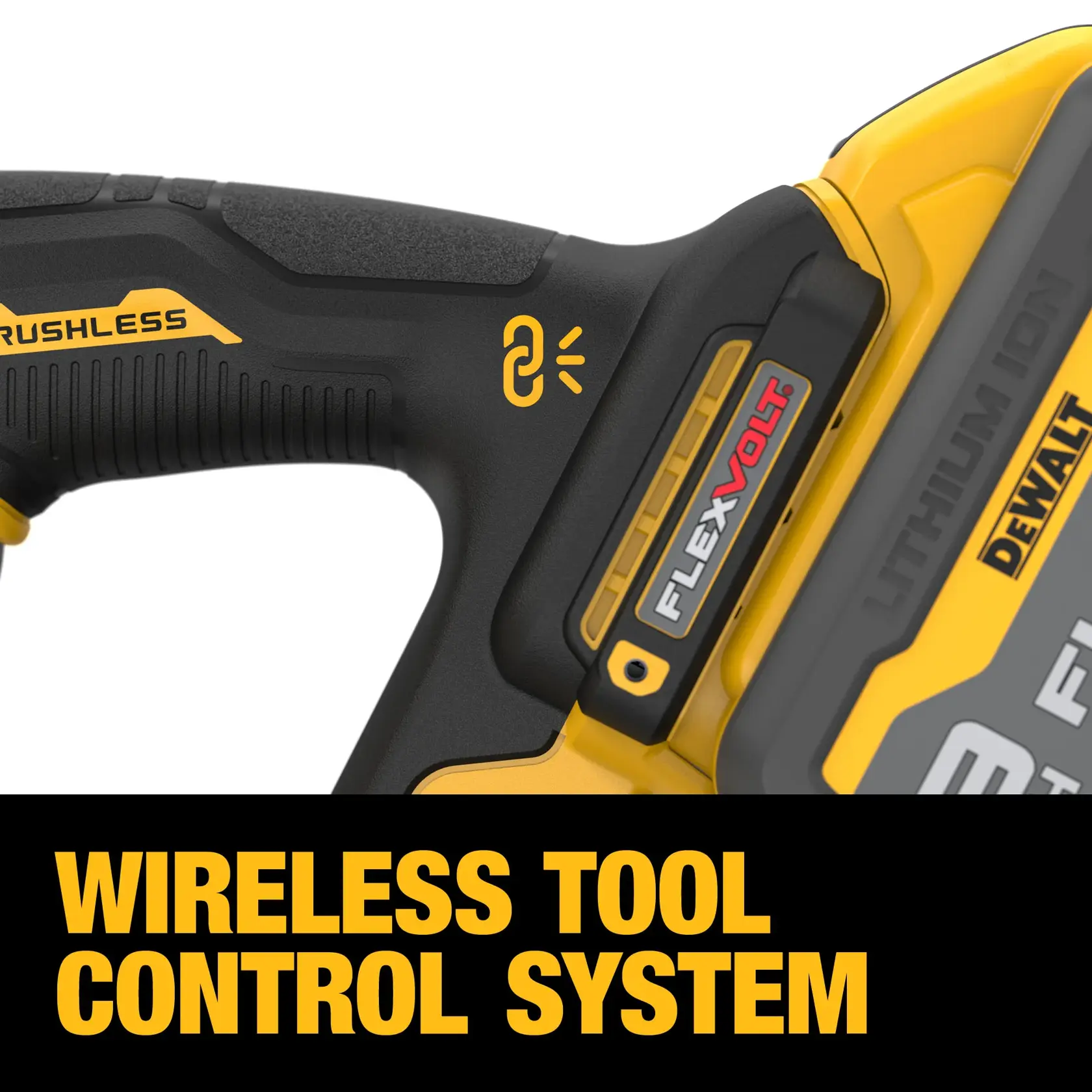 Close-up of a DEWALT power tool handle highlighting the wireless tool control system, FLEXVOLT Lithium Ion battery, and brushless motor, with the text 'WIRELESS TOOL CONTROL SYSTEM' in bold yellow letters.